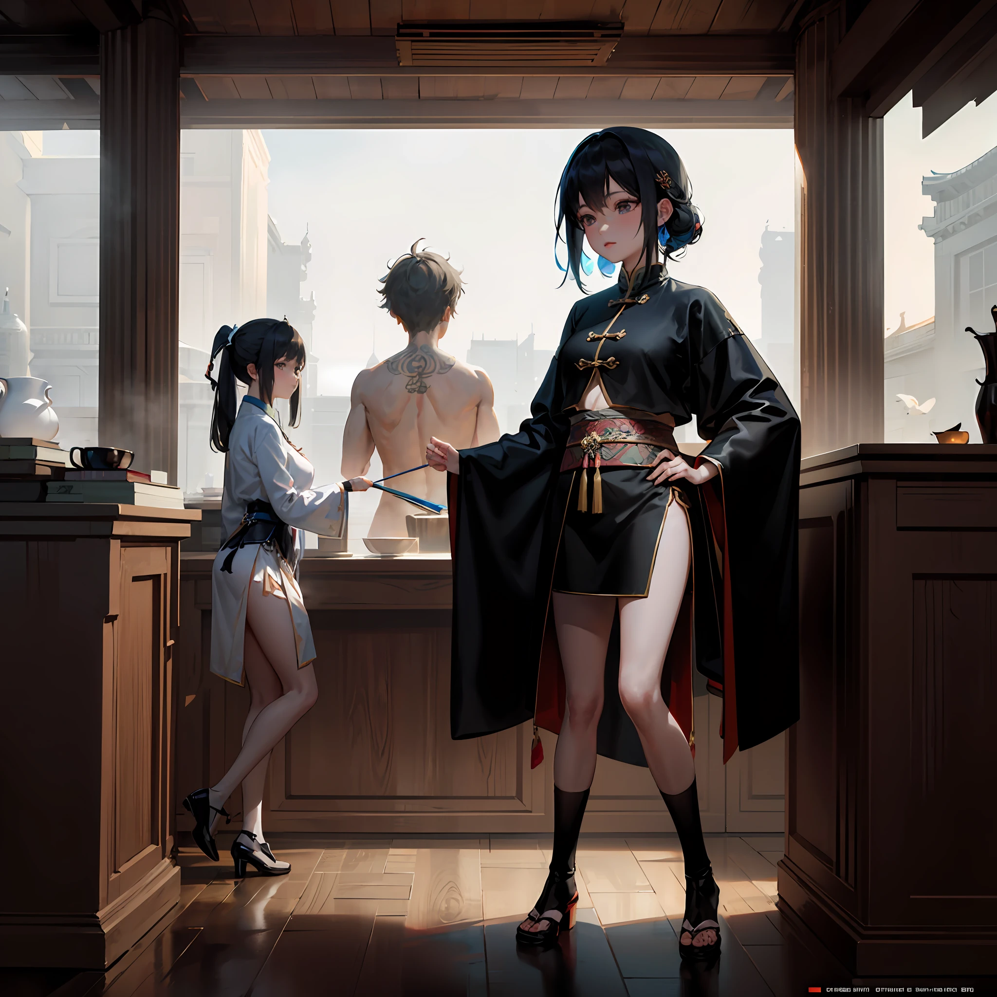 black hair, dunhuang, Raised sexy, Surrealism, anime style, anime style, ray tracing, 8k, super detail, UHD, masterpiece, textured skin, super detail, high quality, highres, high quality，Wearing Dunhuang clothes，Background Ancient Scenery --auto