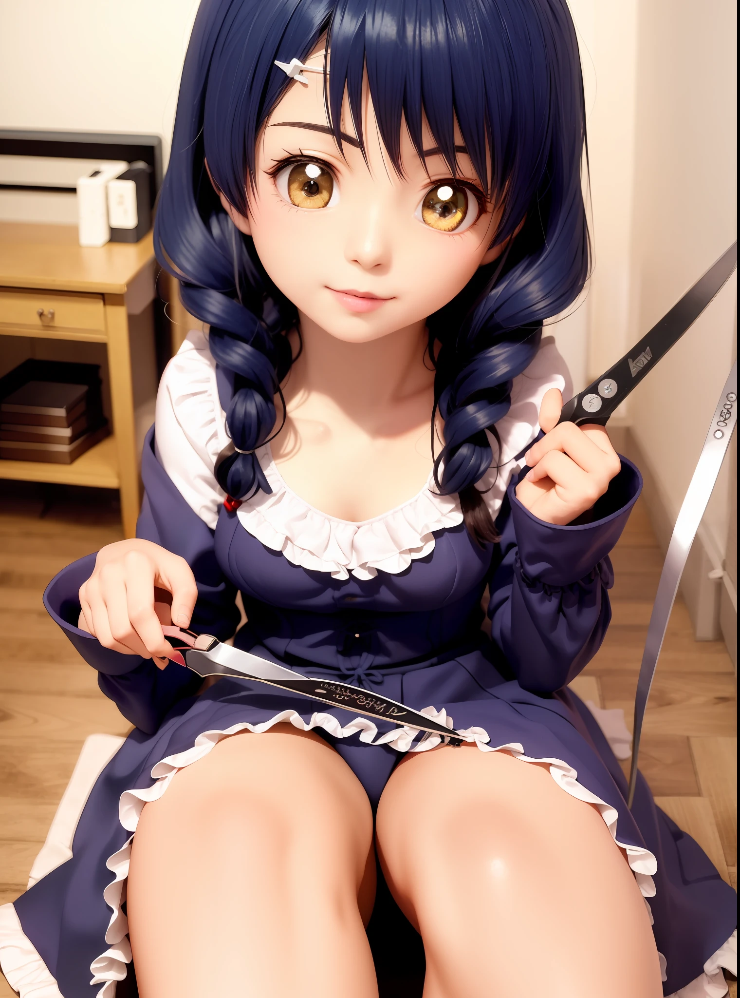 arafed woman in a blue dress holding a pair of scissors, Anime girl cosplay, photorealistic anime, hyper realistic anime, Surrealism female students, Surrealism female students, the anime girl is crouching, Anime girl in real life, Realistic anime 3 d style, seductive anime girls, small curvaceous , Loliime moe art style