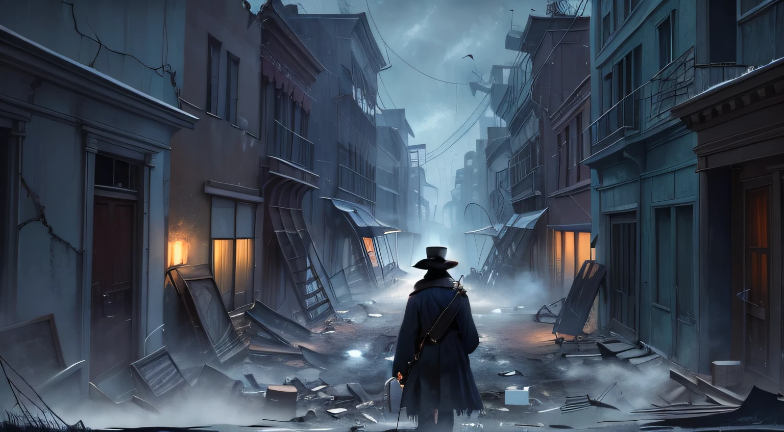 Django is a former cowboy from the Old West, wearing a dark overcoat and a scarf covering part of his face. He's in an abandoned ghost town, with decrepit buildings and broken windows. The sinister fog surrounds the environment, adding an air of mystery and loneliness. Django is standing in the middle of the empty street, his solitary figure contrasting with the decaying scenery. illustration, estilo sombrio com alto contraste, --AR 9:16 --V 5, R3DD34Dstyle.