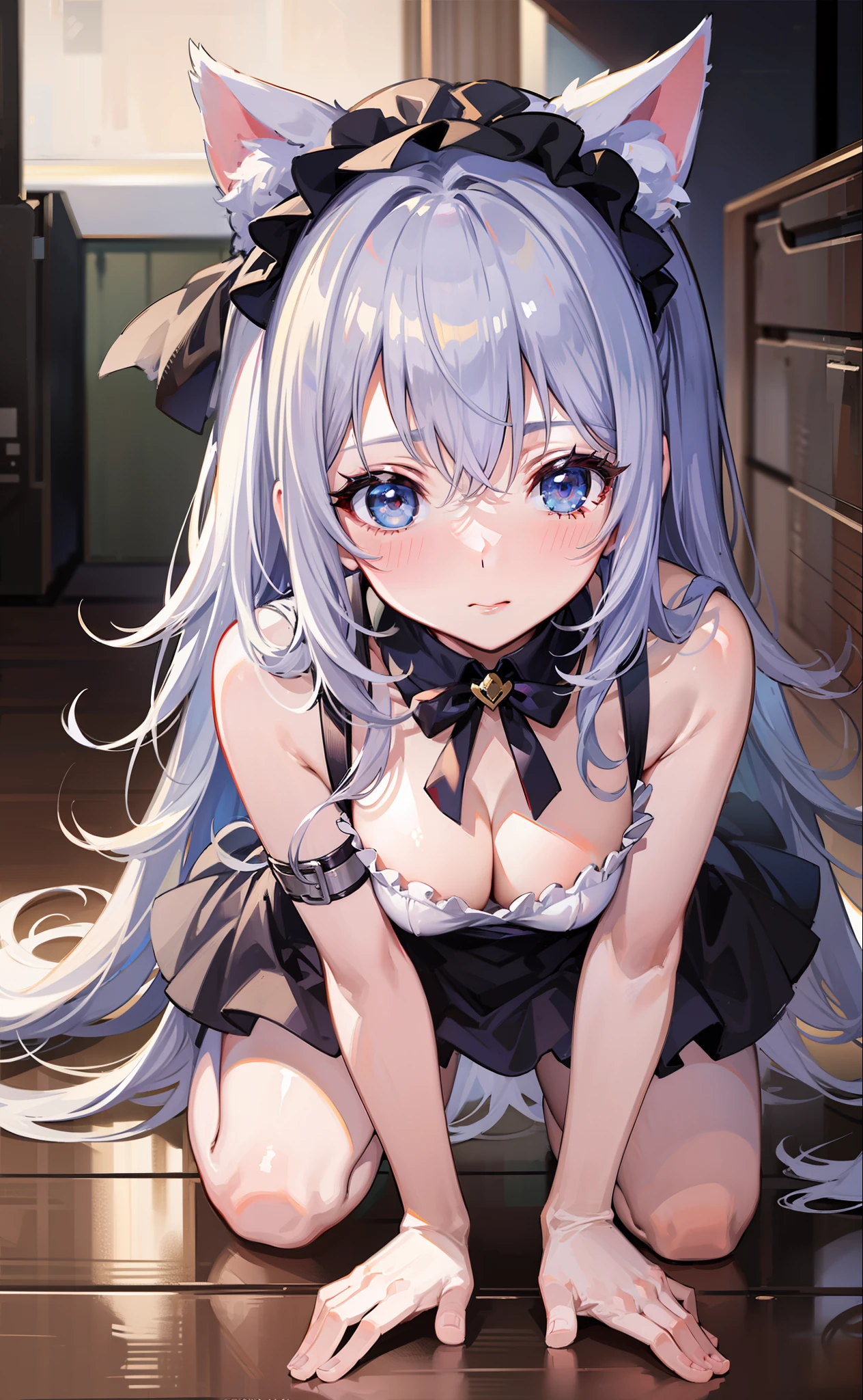 finely best quality、super precision、Onegirl、Cute s、Cat's ears、childish、boyish、Cool、Beautiful eyes、Blue Eye、has silver hair、Teen Girls、th hair、Maid Cosplay、Maids、A sexy、red blush、embarrassed from、pretty skin、High exposure、(all-fours)、Hands on the floor、cleavage of the breast、Small breasts、obedience、ssex、Rape、Sex Handler