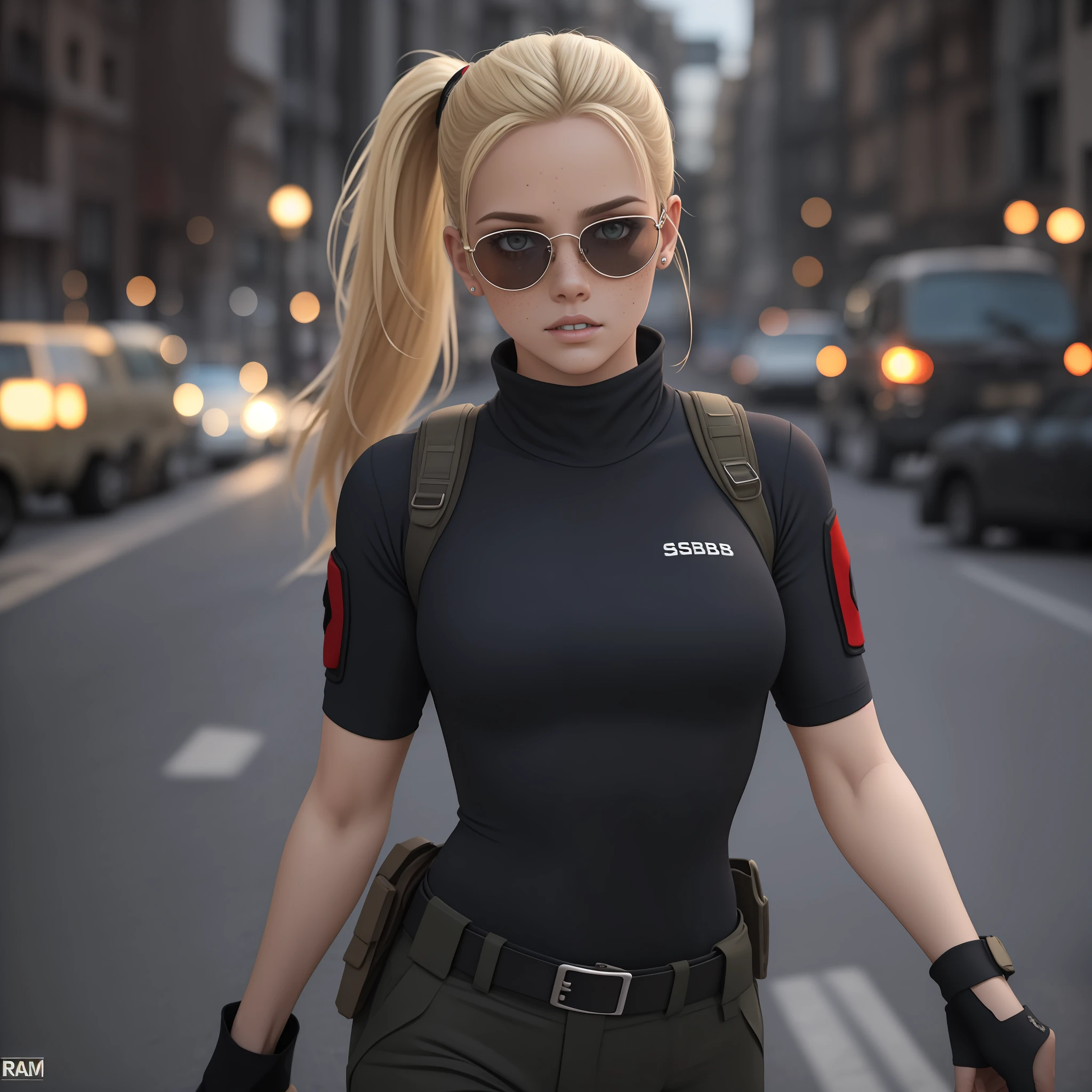 Cammy branco (Lutador de rua), olhos cinzas, cabelo blondie cinza ponytail, pale skin and freckles, soft and beautiful lips, Aviator glasses with yellow transparent lenses, wearing tactical black baselayer, military office pants, coturno preto tratorado, portando um fuzil de assalto M4A1, preparando-se para atacar e emboscar, ruas de Moscou em guerra. Noite sob luz das ruas. Luz Natural, poor lighting, fotorrealista, disco Rigido, 8k, obra prima, hard driveR, .RAW, Olhando