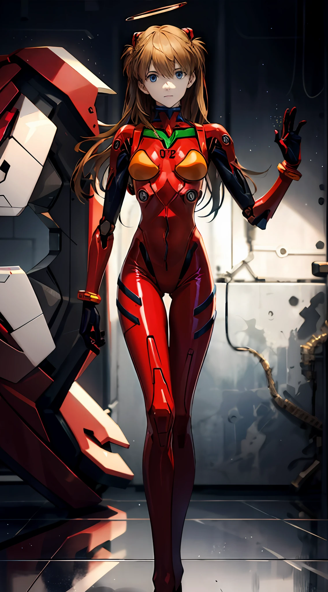 (magazine cover:1.0),ulzzang-6500, (realistic: 1.3) (original: 1.2), masterpiece, best quality, beautiful clean face, fullbody, ((robot girl, mecha)), broken armor, mechanical halo, mechanical arms, white hair, long hair, ceramic body, thigh gap, small breast, cyber background, extreme detailed city, EVA 02,Souryuu Asuka Lanley,明日香,(红色紧身衣, 红色乳胶,红色高跟鞋)(translucent body, reflection skin), 8k, best quality, ultra detailed, (hyperrealistic:1.4),