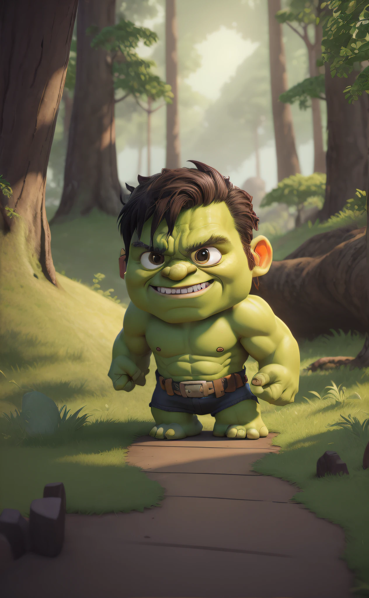 hulk in the forest with a path leading to a tree, hulkish, hulking, childrens art in artstation, hulk, wojtek fus, rolands zilvinskis 3d render art, hulk body type, portrait of the hulk, arnold maya render, arnold 3 d render, arnold 3d render, the hulk, hulk like physique