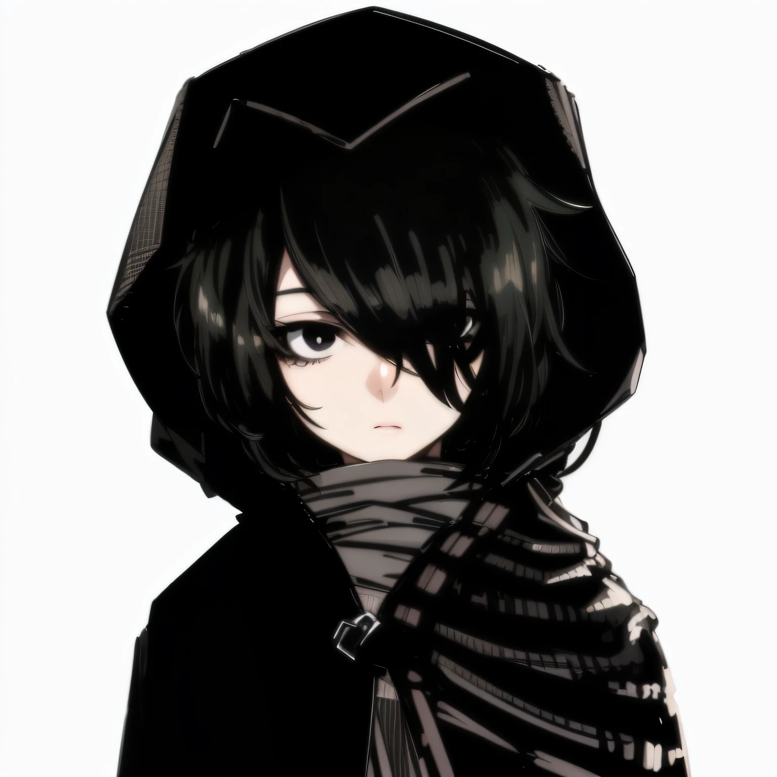 a close up of a person wearing a scarf and a hood, inspired by Yamagata Hiro, wearing a dark hood, ( ( Deep black eyes ) ), inspired by Kawabata Ryūshi, black haired girl wearing hoodie, shigenori soejima illustration, anime style character, vector shaded anime, in an anime style
