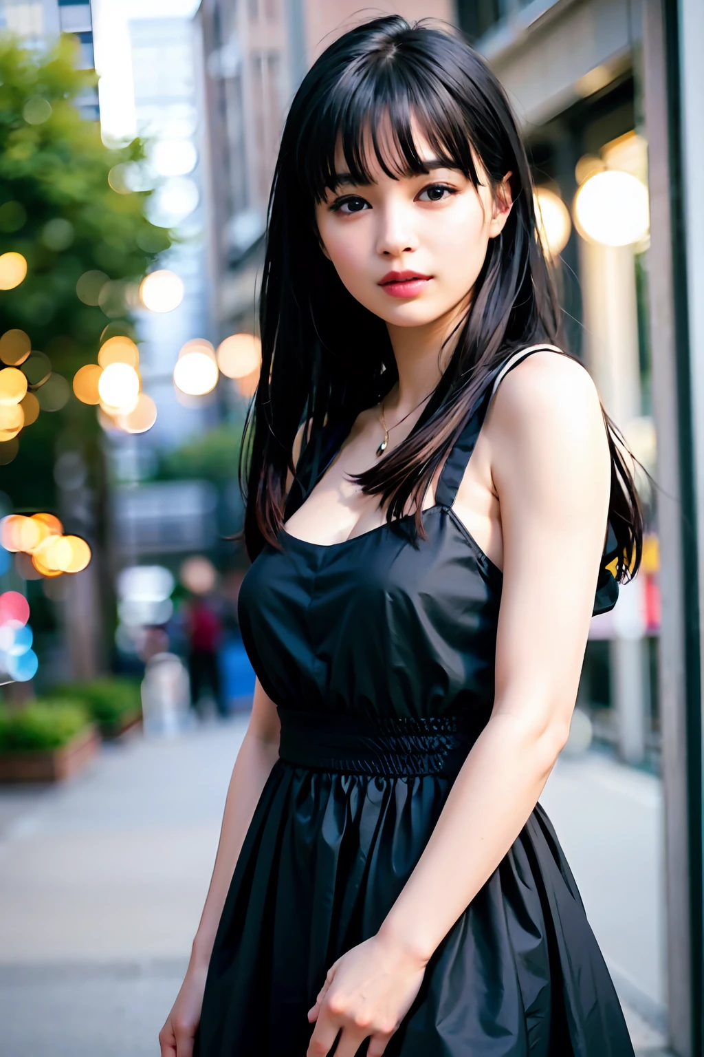 4k, photo, realistic,best quality,1girl,woman, (full body:1.2), photo \(medium\), women,solo, black hair, lips, looking at viewer, blurry, black eyes, depth of field, long hair, loafers, bare legs, black dress,