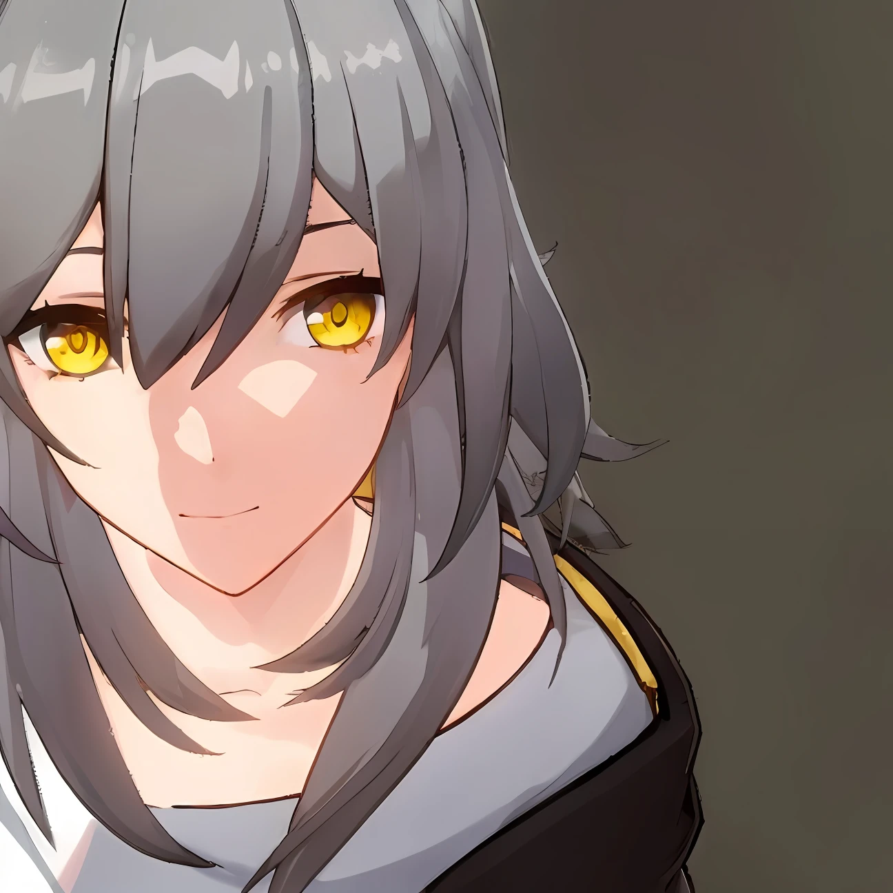 close up of a young anime girl, very slightly smiling,  Looks dumbfounded, character close up，Golden eyes，Gray hair
