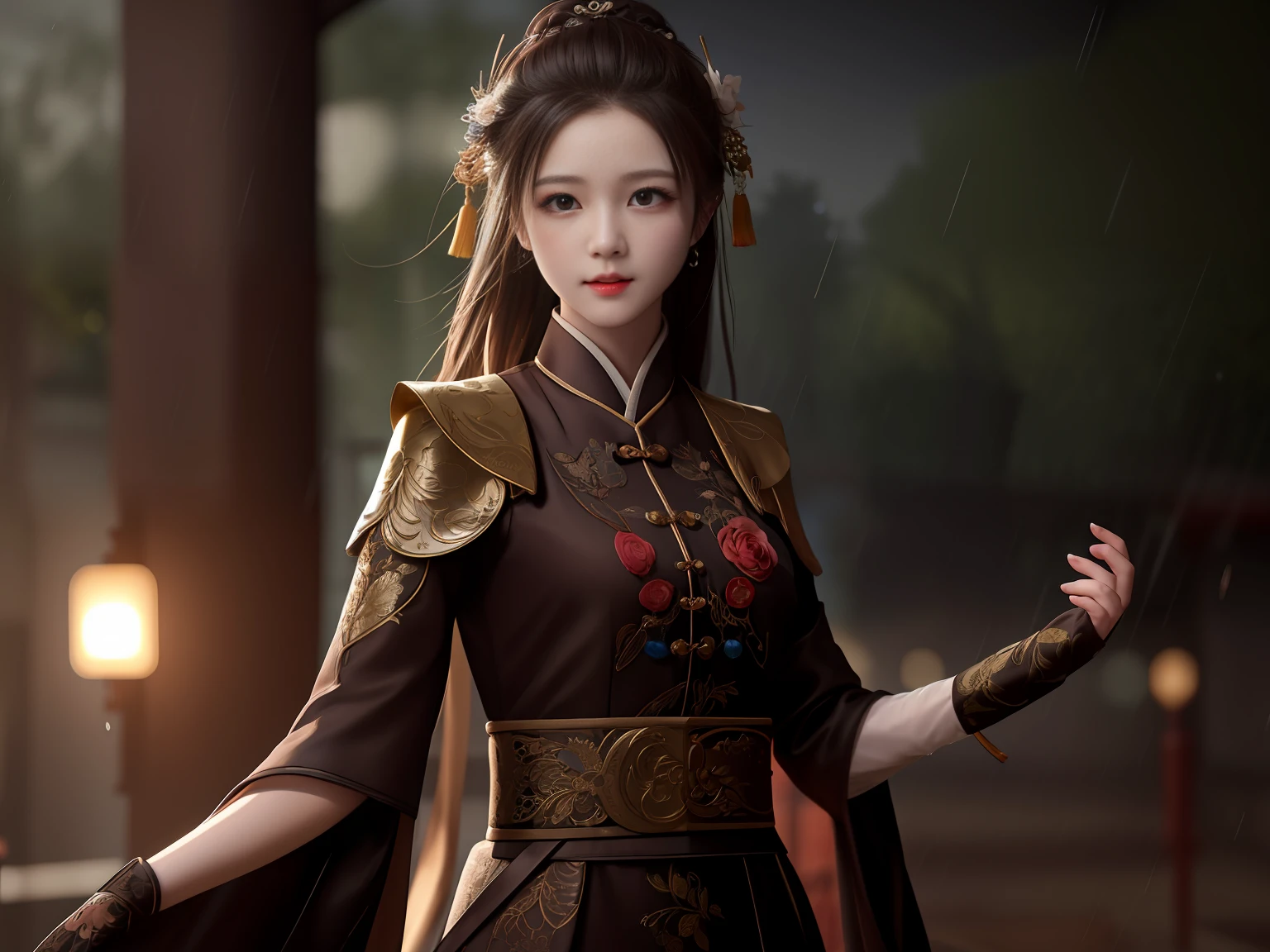 masterpiece,highres, 8k,realistic,highest quality,intricate detail,best texture,realistic,8k,soft light,perfect shadow, 
falling rain,wind,wet,pavilion,Courtyard,corridor, empty street, erjie,1girl,hanfu,street shot,from everywhere,