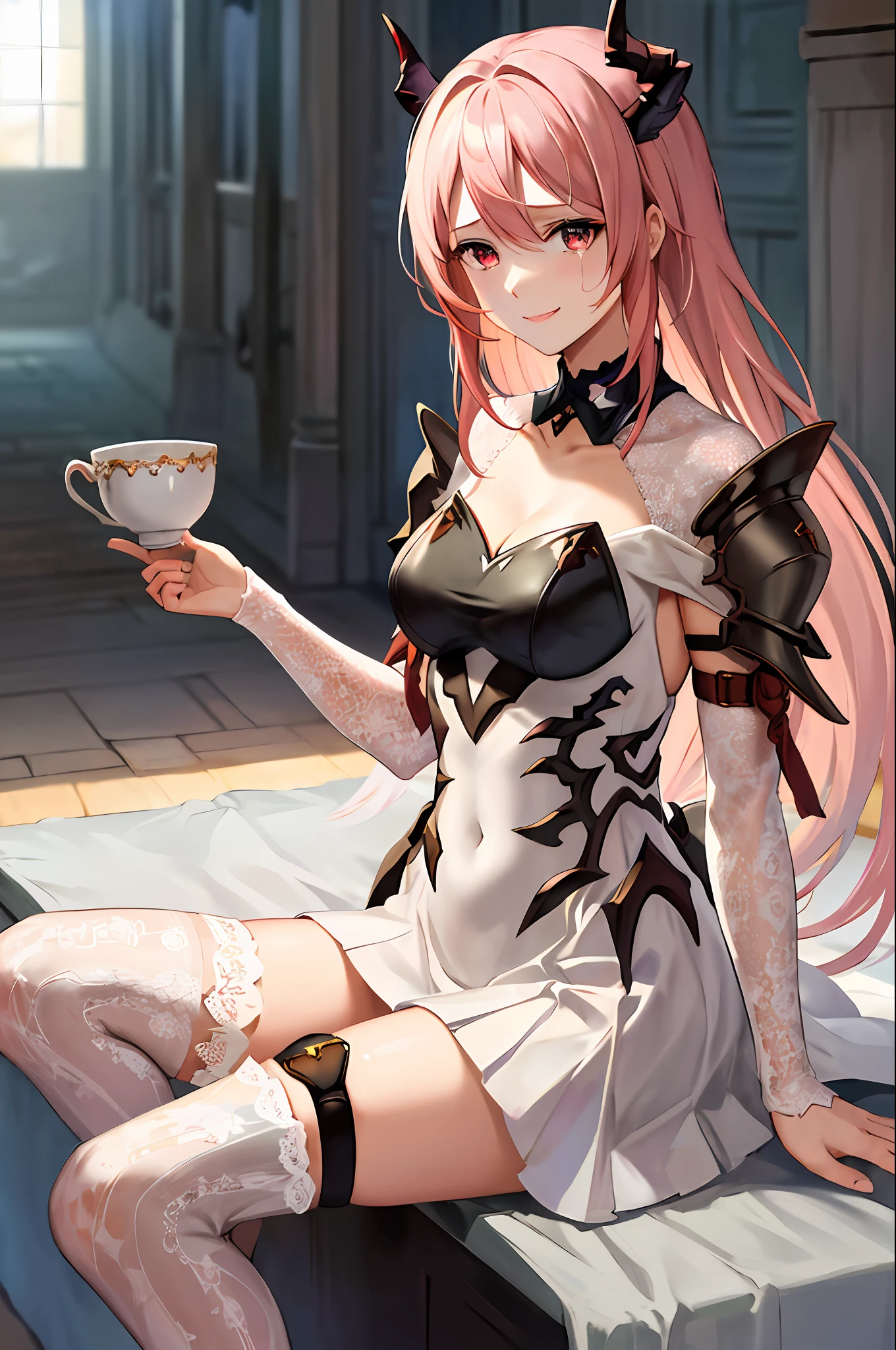 masterpiece, best quality, highres, 1girl, horns,(theresahead), (red eyes), (crying), white dress solo, shoulder armor, dress, very long hair, thigh strap, white dress, (holding big sword), (wearing steel greaves), (wearing steel gauntlets), (wearing chest plate), cleavage, pauldrons, white thighhighs, medium breasts, bangs, detached sleeves, elegantly sit on the chair, smiling, holding a fancy cup of tea