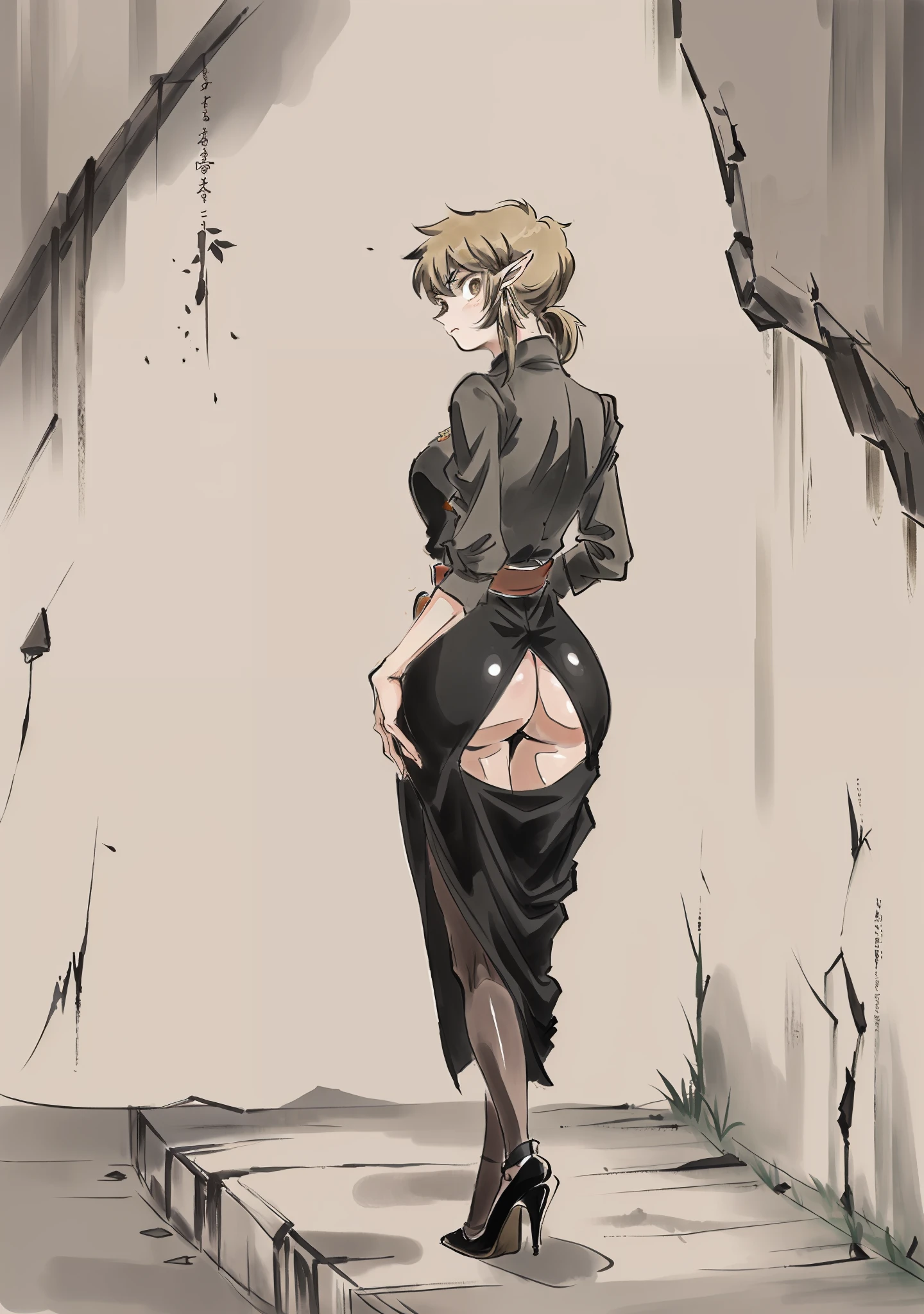 Link,Waist sinking,Pouting ass,Hand on the wall,Cocked buttocks,blacksilk,high-heeled