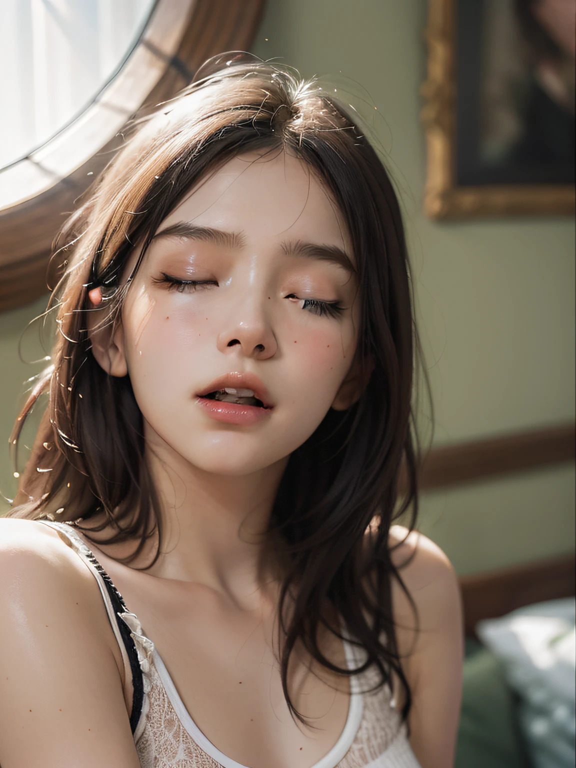 8yk、Raw photo、(masuter piece)、(finely best quality)、Hi-Res、(Kizi)、(realisitic、Hphotorealistic:1.2), Upper body、Red camisole、Facing up、skinny、14years、small tits、Eyes closed、Deep sadness、Sorrow、look up sky、Open mouth、screeming、a room、Background blur