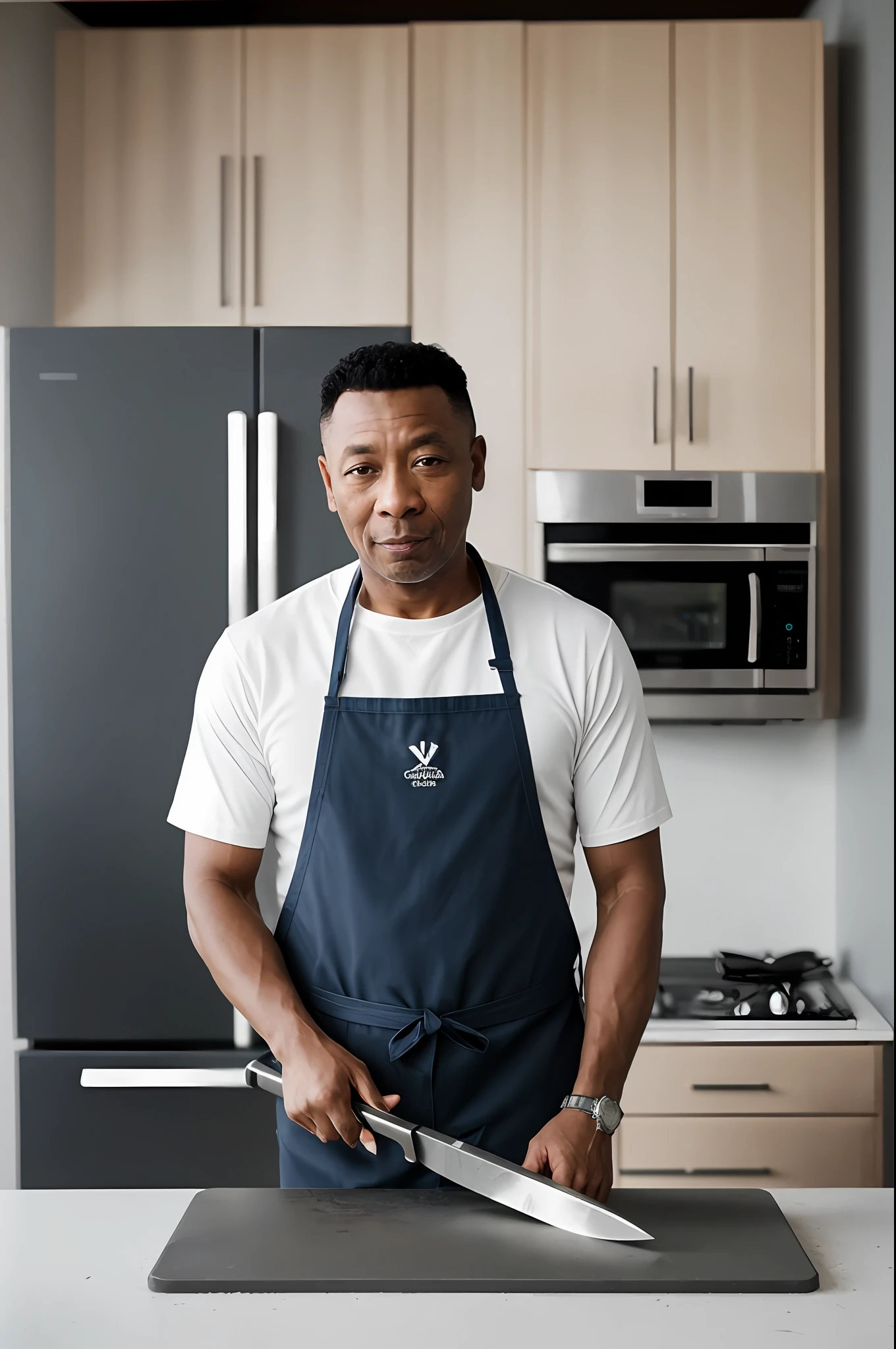 Foto RAW, uma foto retrato de 35 y.o homem, Roupas de cutelaria, Standing on a counter grinding knife, pele natural, 8k UHD, alta qualidade, filmic grain, Fujifilm XT3