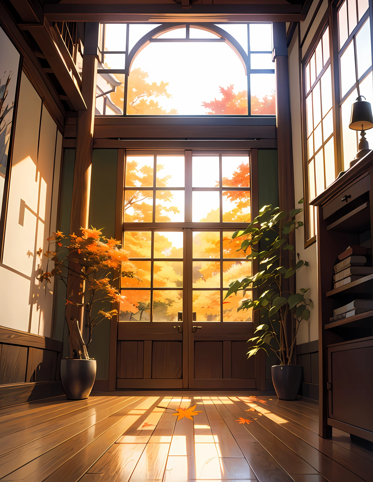 Animated style、Shinkai Makoto's anime painting style、romantic、inside in room、Japan Room、Old Japan room、Beautiful maple leaves outside the small round window、Soft light、Dark indoor、Indoors with large wooden floors、lattice windows
