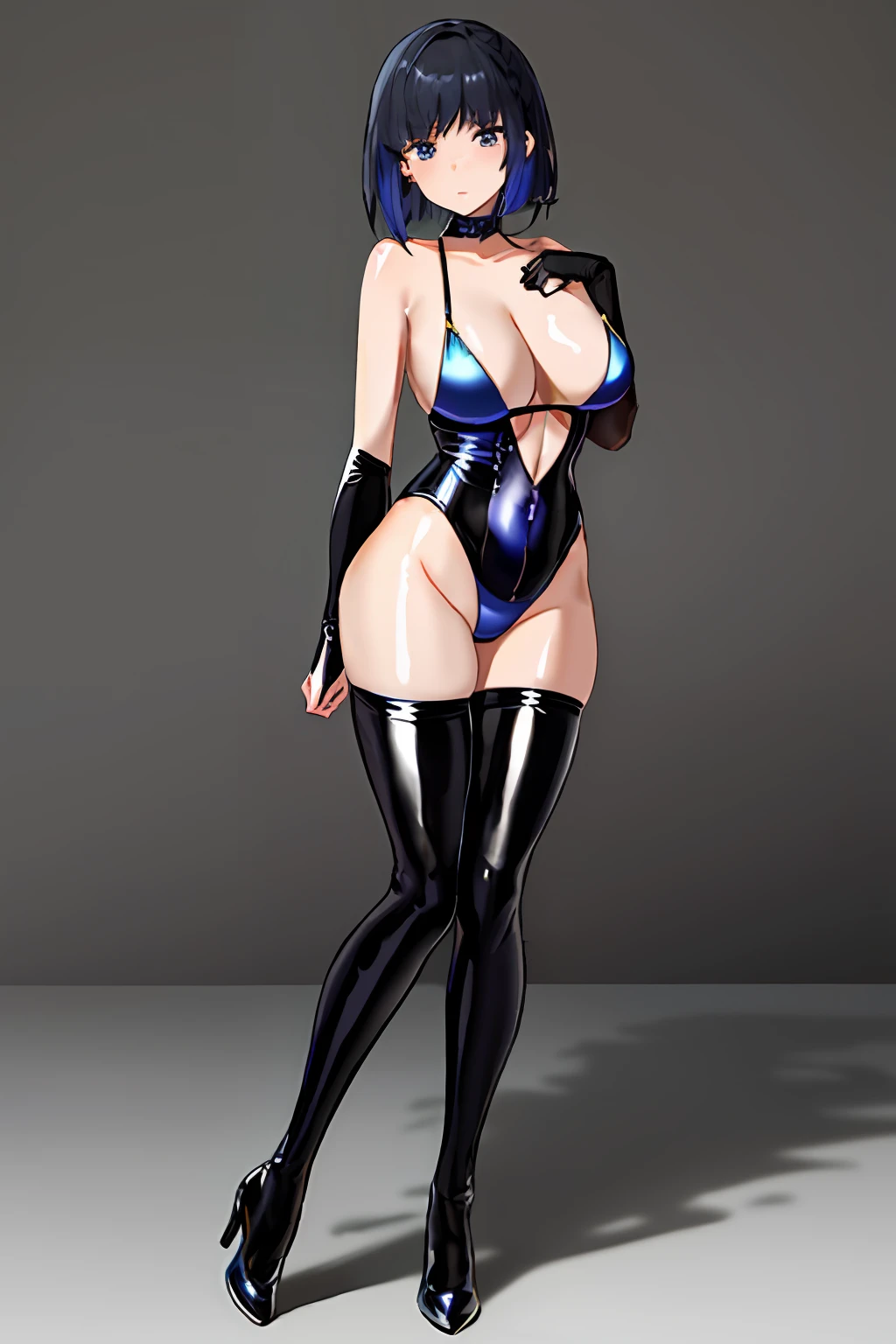 Two-dimensional painting style，a mature girl，Wearing a black leather bodysuit，blue short hair，Full breasts，Cocked buttocks，Slim waist，Anime illustration of her face，Full body like，Black stockings heels，Bare legged，Chest clothing sheer black silk，handpainted，Smooth and shiny