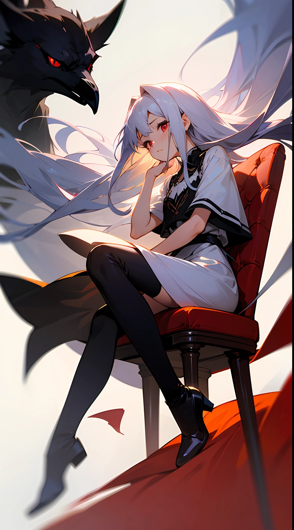 （tmasterpiece，best qualtiy），Anime style，A girl with long white hair and red eyes leaned on a white chair，Loose dress，There is a wind that gently ruffles the hair，warmly lit，Very astringent，Be red in the face，Blurred foreground，，There was a little crow standing in a chair，Close-up，There are dull hairs，black over-the-knee socks --auto