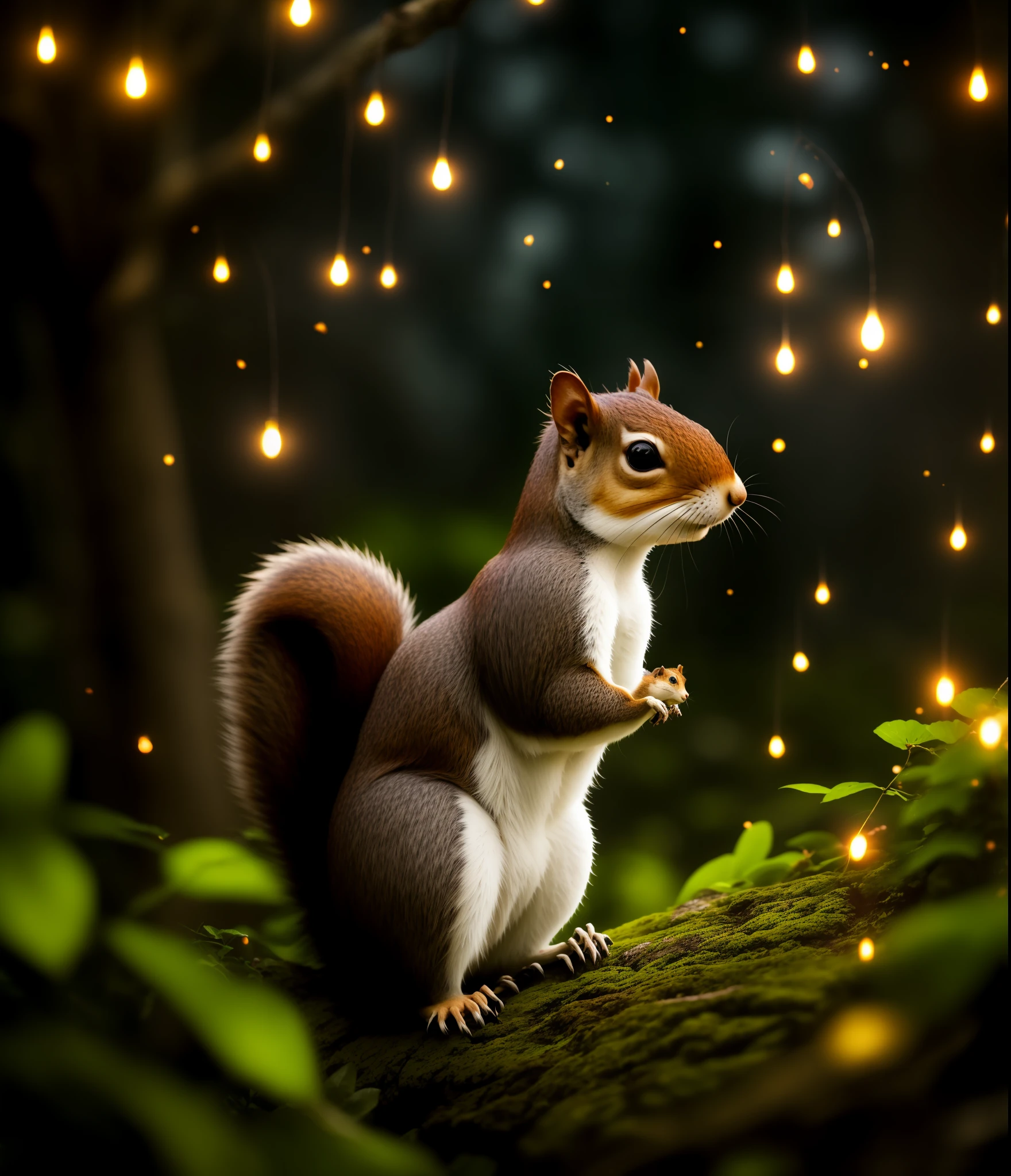 (close up photo of a squirrel in an enchanted forest),(nighttime, dramatic atmosphere, fireflies, volumetric fog, halation, bloom),(centred composition using the rule of thirds),[200mm lens setting:1.4 aperture]
