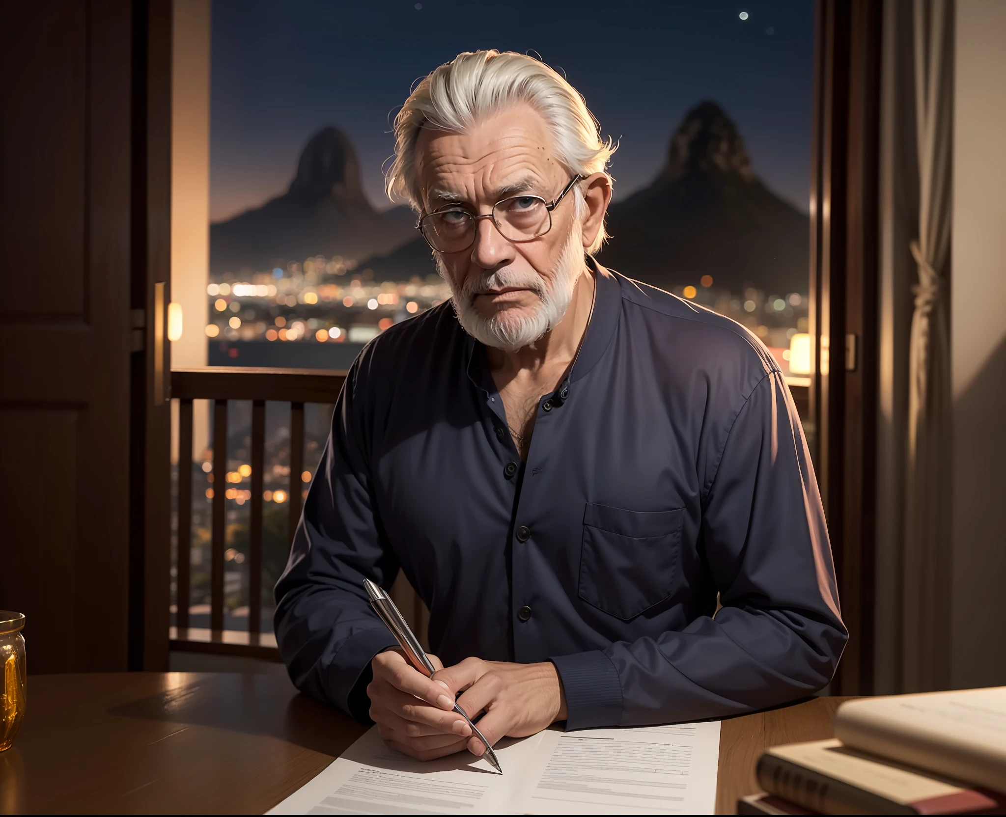 Homem  velho, cabelos e batba brancos, expression serious, lendo um manuscrito, sentado na varanda de sua casa, In the background as the Sugar Loaf, rio de janeiro, noite escura, contemporary style, 8k, maximum detailed, alta qualidade