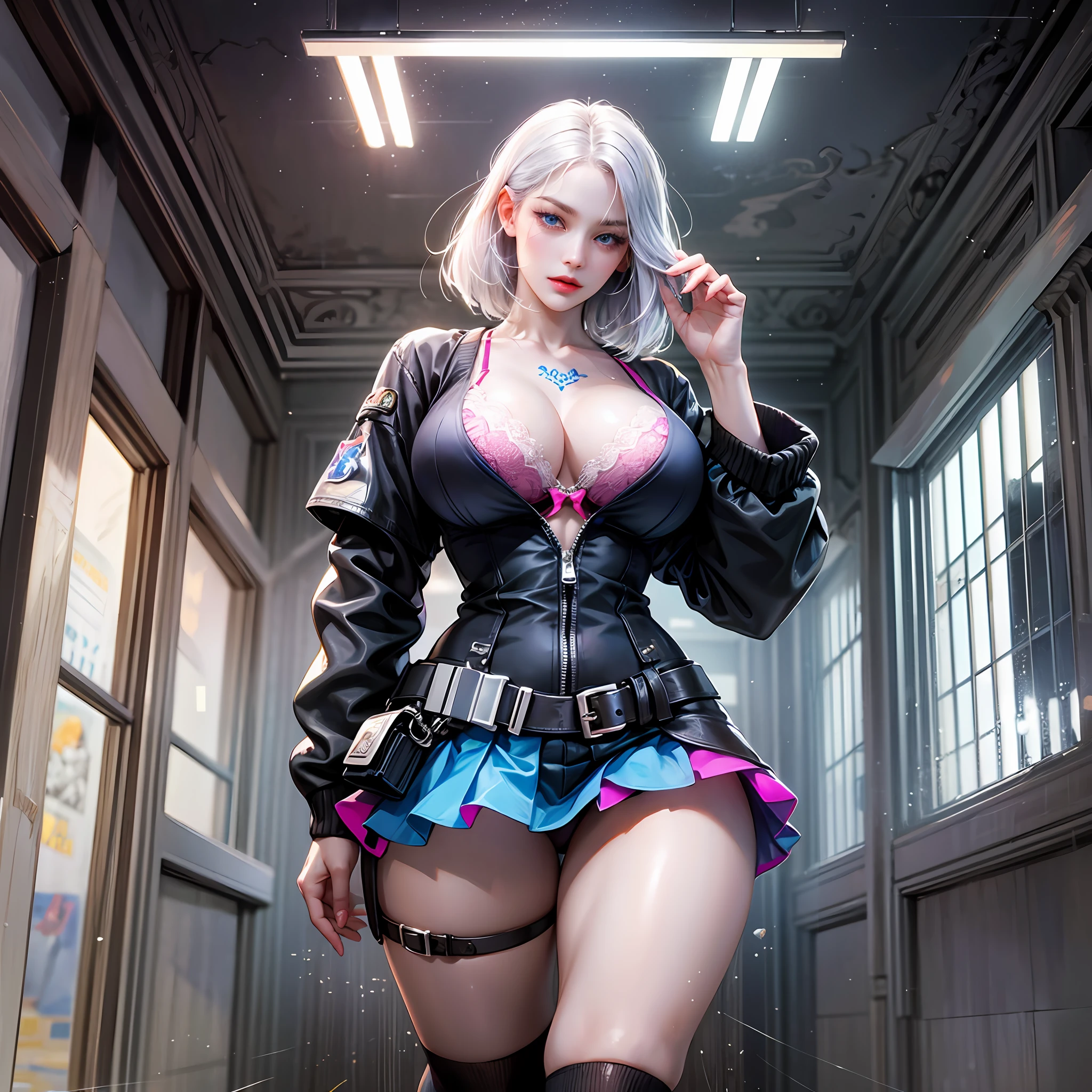 High resolution, Highest Quality, ultra-high-quality, Super Detail, A hyper-realistic, Photorealistic, Anime, Illustration, Northern Renaissance style, super intelligent beauty, Mysterious, Enchanting, sharp slit blue eyes, unkempt flowing layered short white hair, Tattoos, Huge breasts, perfectly proportions, Full body, shocking pink bra and panty, large size cardigan, flare miniskirt, Black Knee High Socks, Cyberpunk