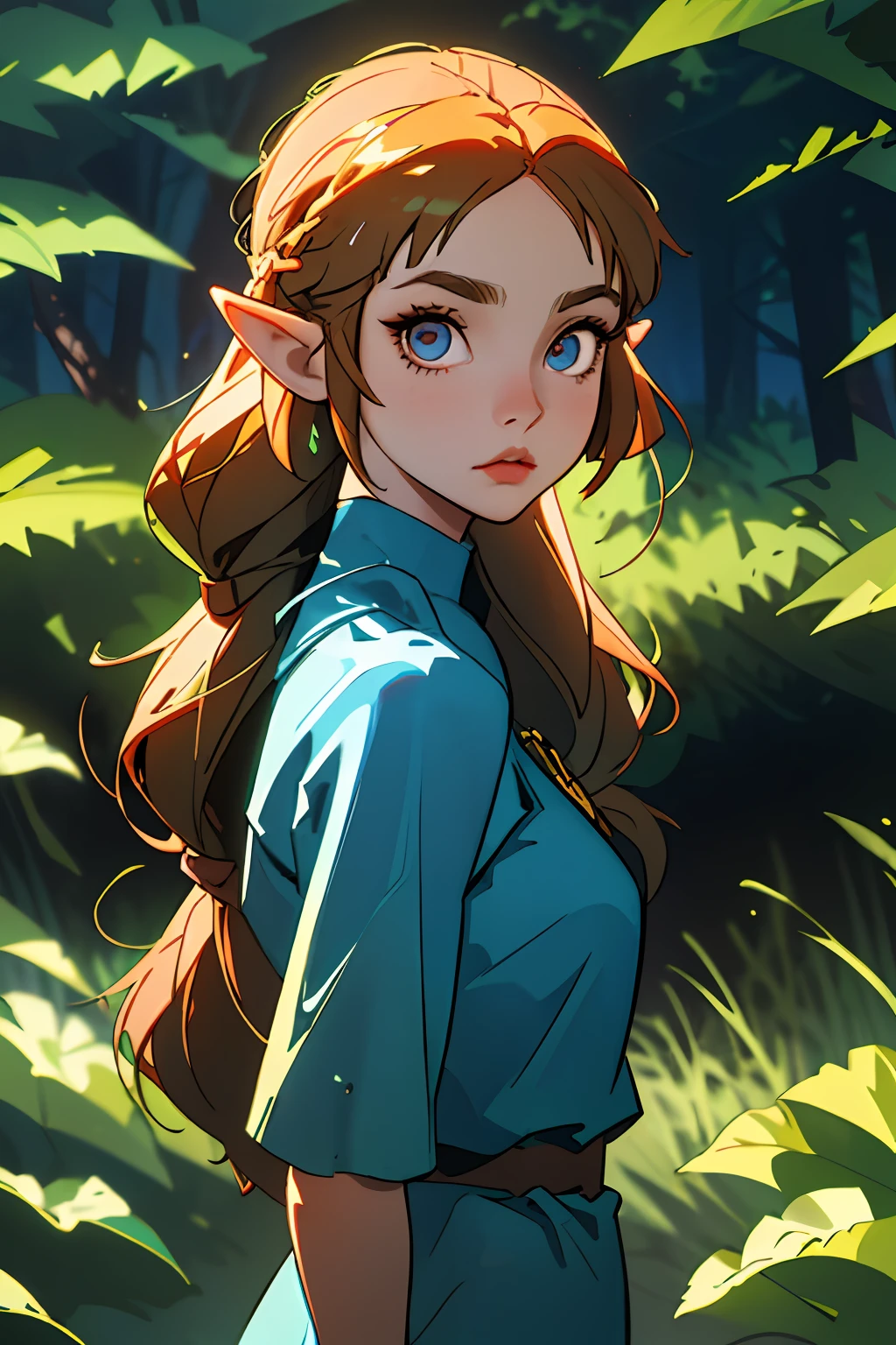 (best quality, masterpiece1.2), (detailed eye:1.2), intricate detail, depth of field, 1girl, standing, upper body, princess zelda, long hair, forest, looking at viewer,