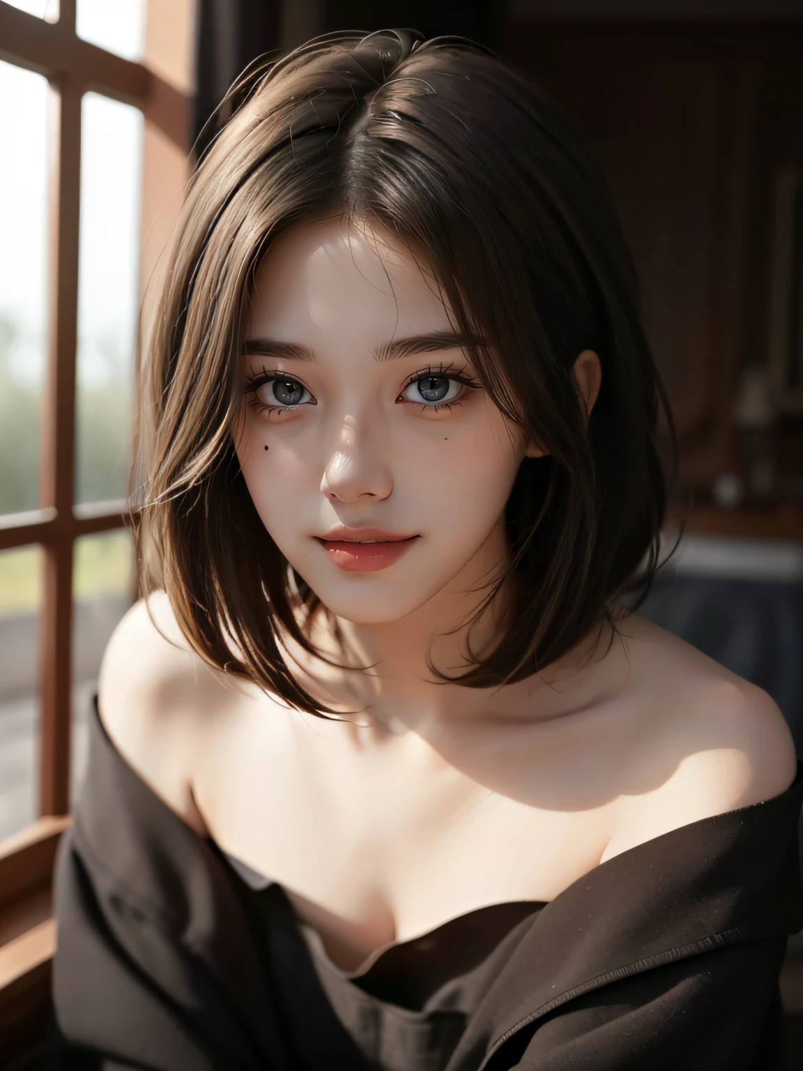 best qualtiy， tmasterpiece， 超高分辨率， （realisticlying，photographrealistic：1.3）， RAW photogr， 1girll， bshoulders， in the darkness nigth， deep shading， low tune， cold light， Sexy look， bob-cut hair，European and American style，Black off-the-shoulder dress，Tiger Tooth，Light smile，Moles under eyes，Royal Sister，Brown pupils，Very detailed eyes