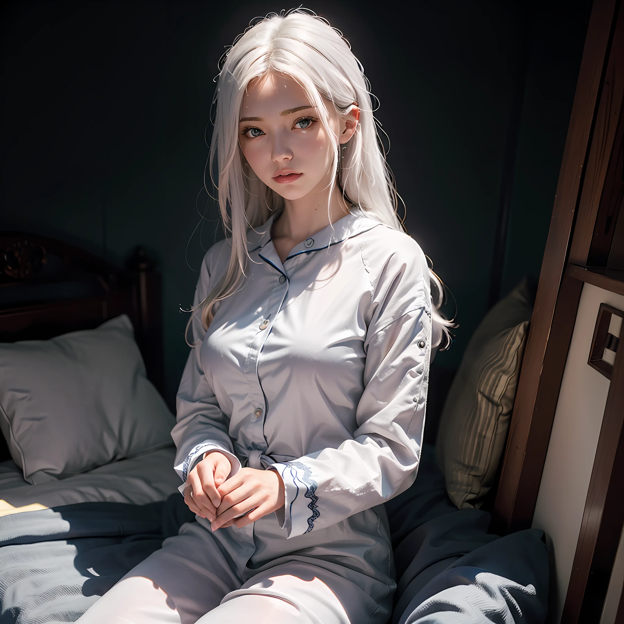 （RAW photos，best qualtiy），（realisticlying，photograph realistic：1.3），best qualtiy，highly  detailed，tmasterpiece，hyper-detailing，illustratio，1girll，upper_body，dynamic angle，Masterpiece Theatre of the World，messy_long_hair，best qualtiy，extremely detailed CG unity 8k wal，ink，astounding，cinmatic lighting，lens_flare，，Cute *********** with white hair in white pajamas three views --auto