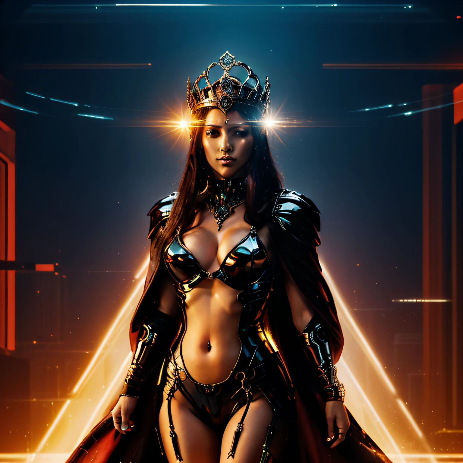 A Sensual Queen in a Technological Realm" An image of a cyberspace empress adorned in a futuristic regal outfit ruling a virtual kingdom. A cena se passa em um ambiente digitalmente imersivo, exalando um ar de autoridade, Power and seduction