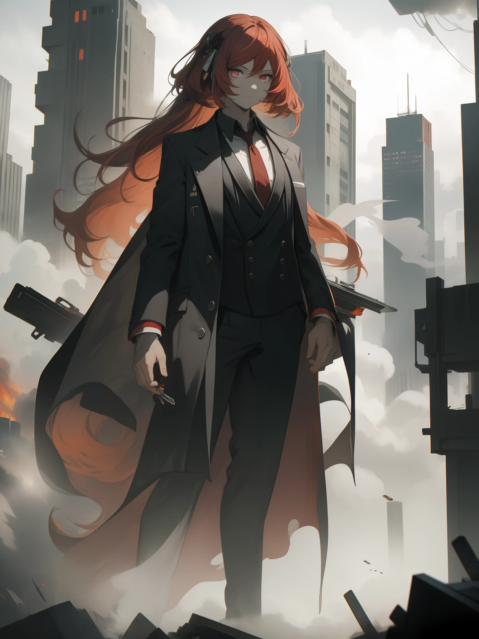 （tmasterpiece，best qualtiy）， 1girll， 独奏， （（rnlong hair， red tinted hair， In black suit，））， with black background， standingn， flatcolors， red led eyes， Long knives， Black and white smoke， Rich colors， skyscrapper， urban backdrop，dystopian，Need