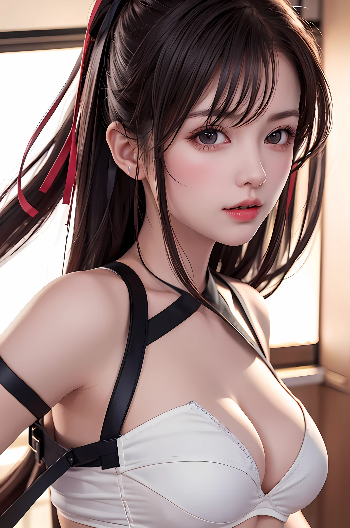 (8K, RAW photogr, Best Quality, A high resolution:1.2), (Realistic, photo-realistic), 1girll, Solo , paleskin, pretty  face, adolable, extremely detail eyes, Cherry heart-shaped lips, Long legs，blacksilk，komono,Burst cleavage，medium boob，Raised sexy，seductiv，Straight chest，Sexy white sheer belly pocket，