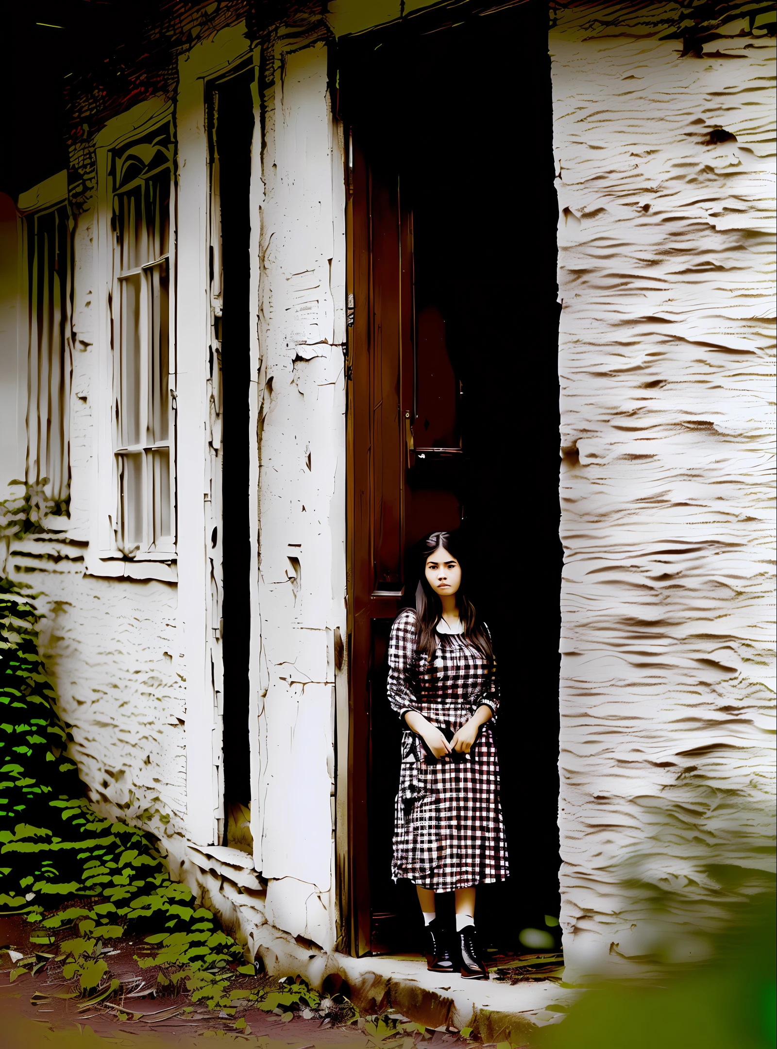 A young woman standing outside a dark, abandoned mansion, Looking at the entrance with a tense expression.