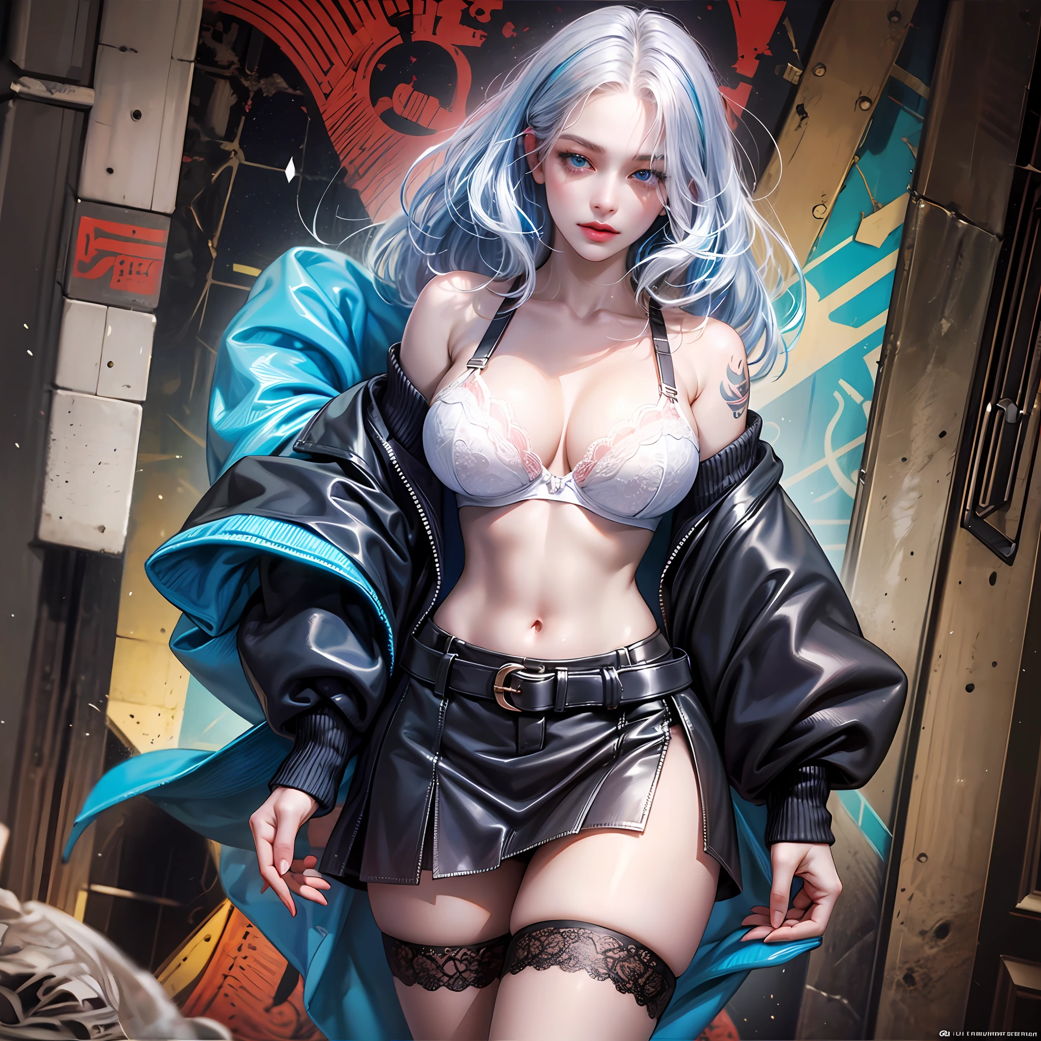 High resolution, Highest Quality, ultra-high-quality, Super Detail, A hyper-realistic, Photorealistic, Anime, Illustration, Northern Renaissance style, super intelligent beauty, Mysterious, Enchanting, sharp slit blue eyes, unkempt flowing layered short white hair, Tattoos, Huge breasts, perfectly proportions, Full body, shocking pink bra and panty, large size cardigan, flare miniskirt, Black Knee High Socks, Cyberpunk