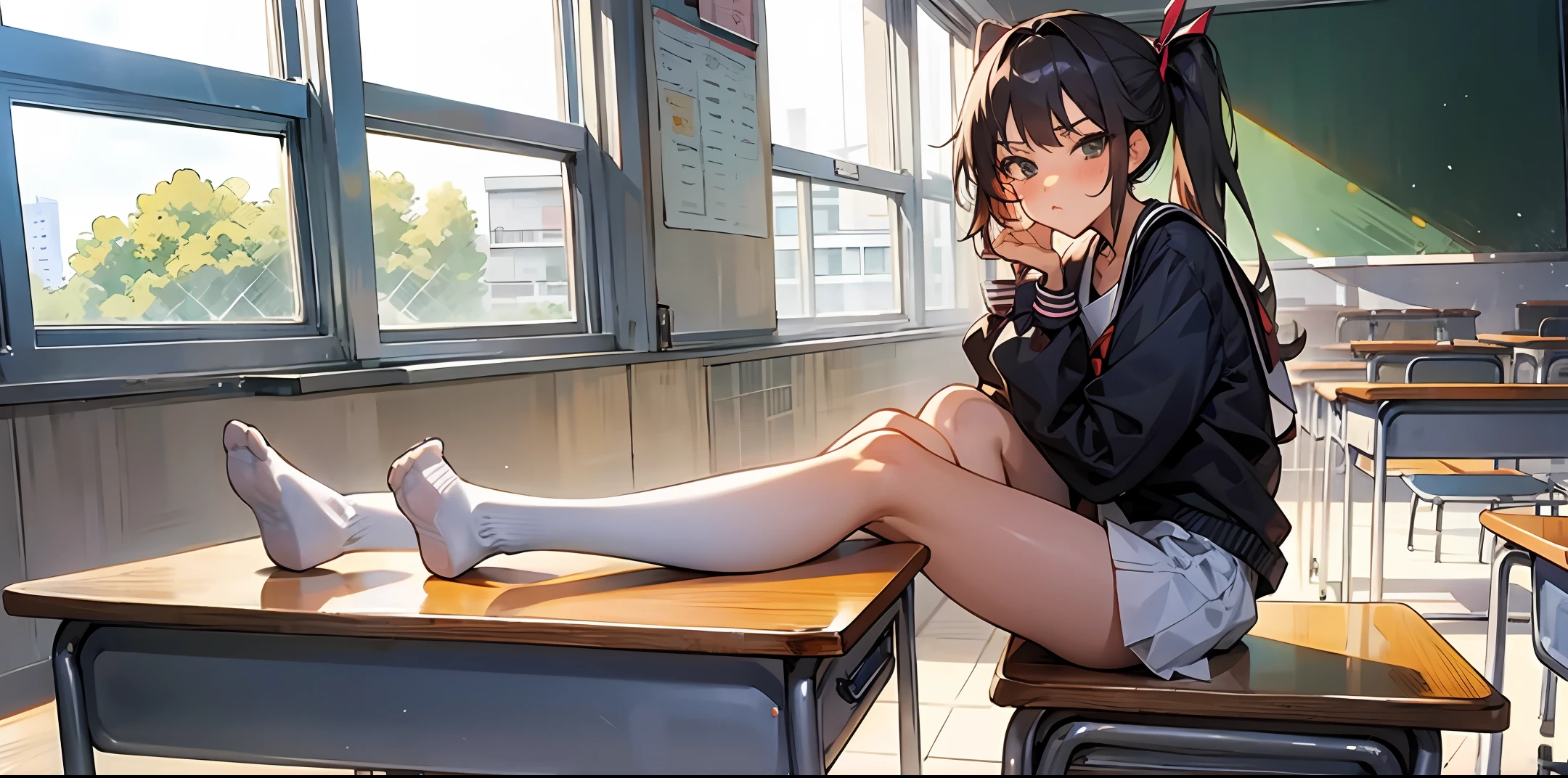 Raised sexy,校服,sitting on the classroom desk,Holding Erlang's legs,Pouting and looking at you,Tsundere,16 yaers old,s girl