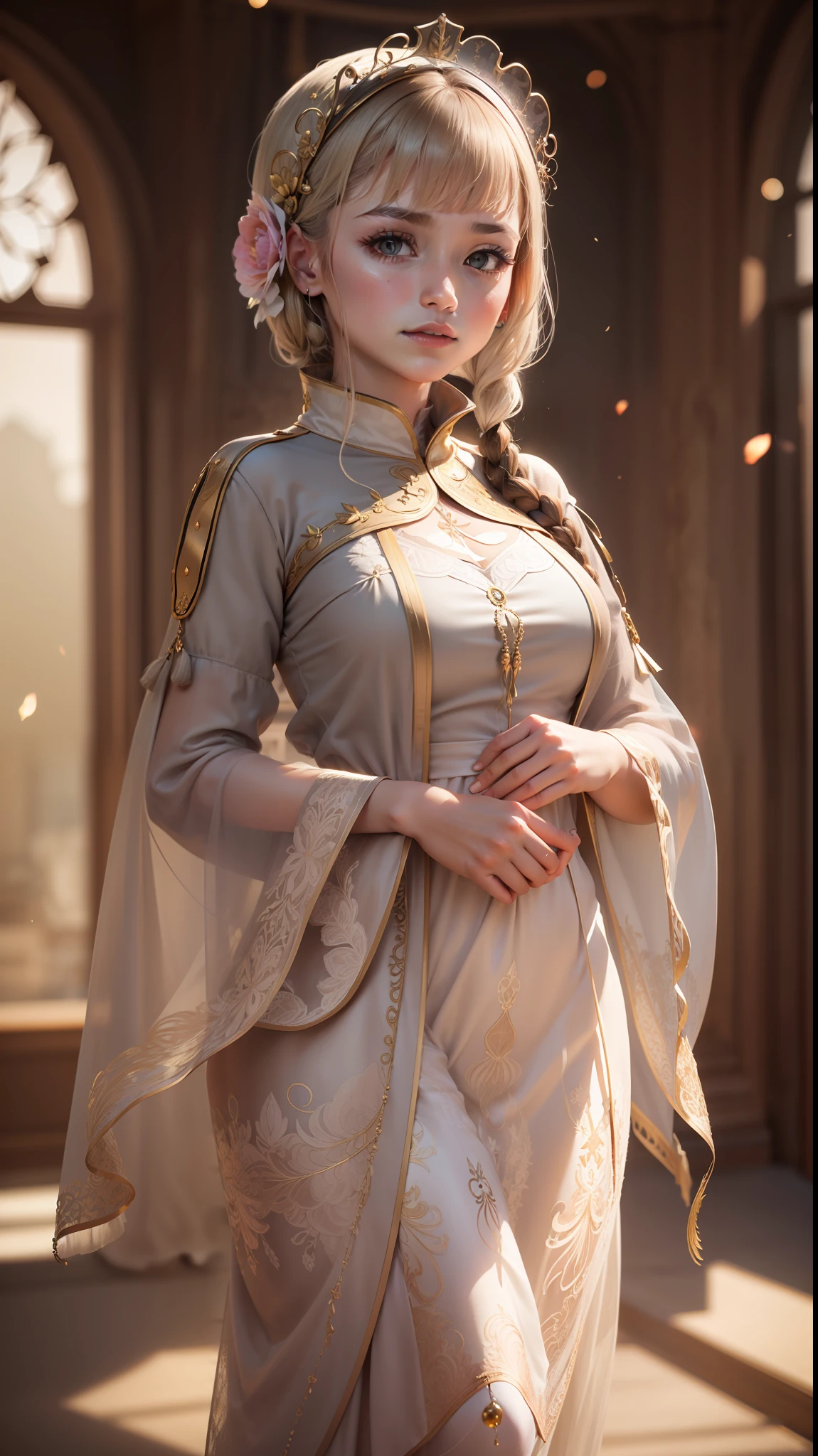 A dress,silk, folds, paper-cut patterns, gold thread embroidery, beads, cloak, standing collar.A dress, --ar 9:16 --q 1 --s 750 --v 5.2