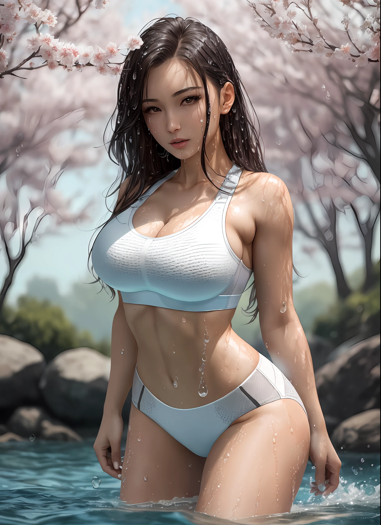 octane rendering, hdr, (hyperdetailed: 1.15), (soft light, sharp: 1.2), 1 woman 25 years old, beautiful woman, ultra detailed eyes, mature, chubby, thick, completely wet, woman, splash with water, splash to camera, long colored hair, (((white sports bra, ultra detailed textured sports bra, sports bra))), exposed cleavage, sexy, water drops, outdoors, exposed shoulders, beautiful detailed legs, sakura trees, sexy , visible shoulders, exposed thighs, sensual, seductive, wetting the camera