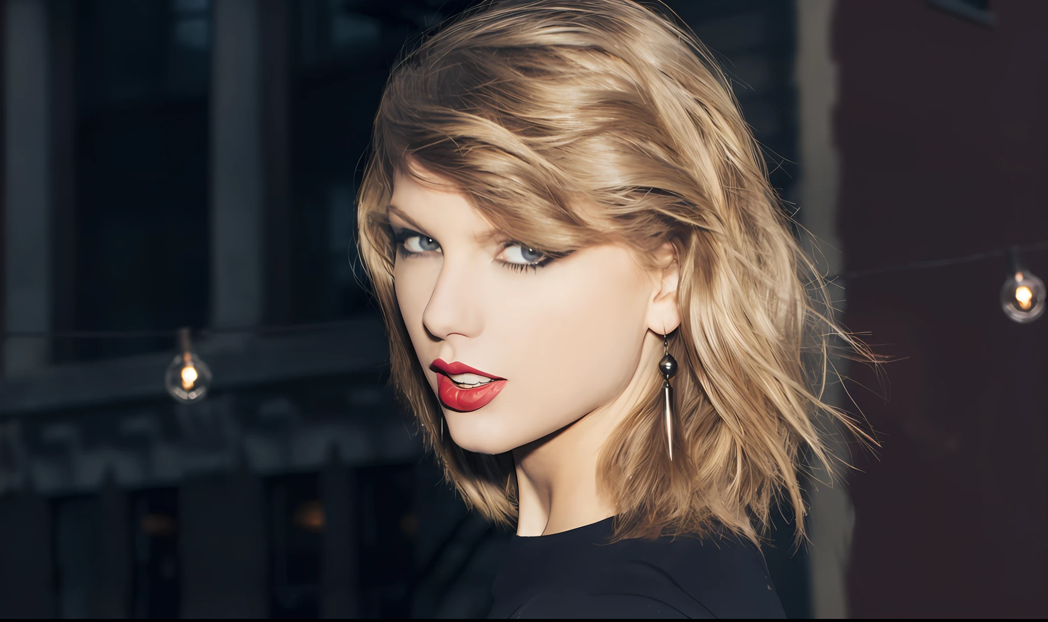 An oversized portrait of Taylor Swift, She wears a short red-black bare-backed skirt,The lips are painted with bright red lips, Like an angel descending from heaven，Long-legged heels filled with soft light and shadow。