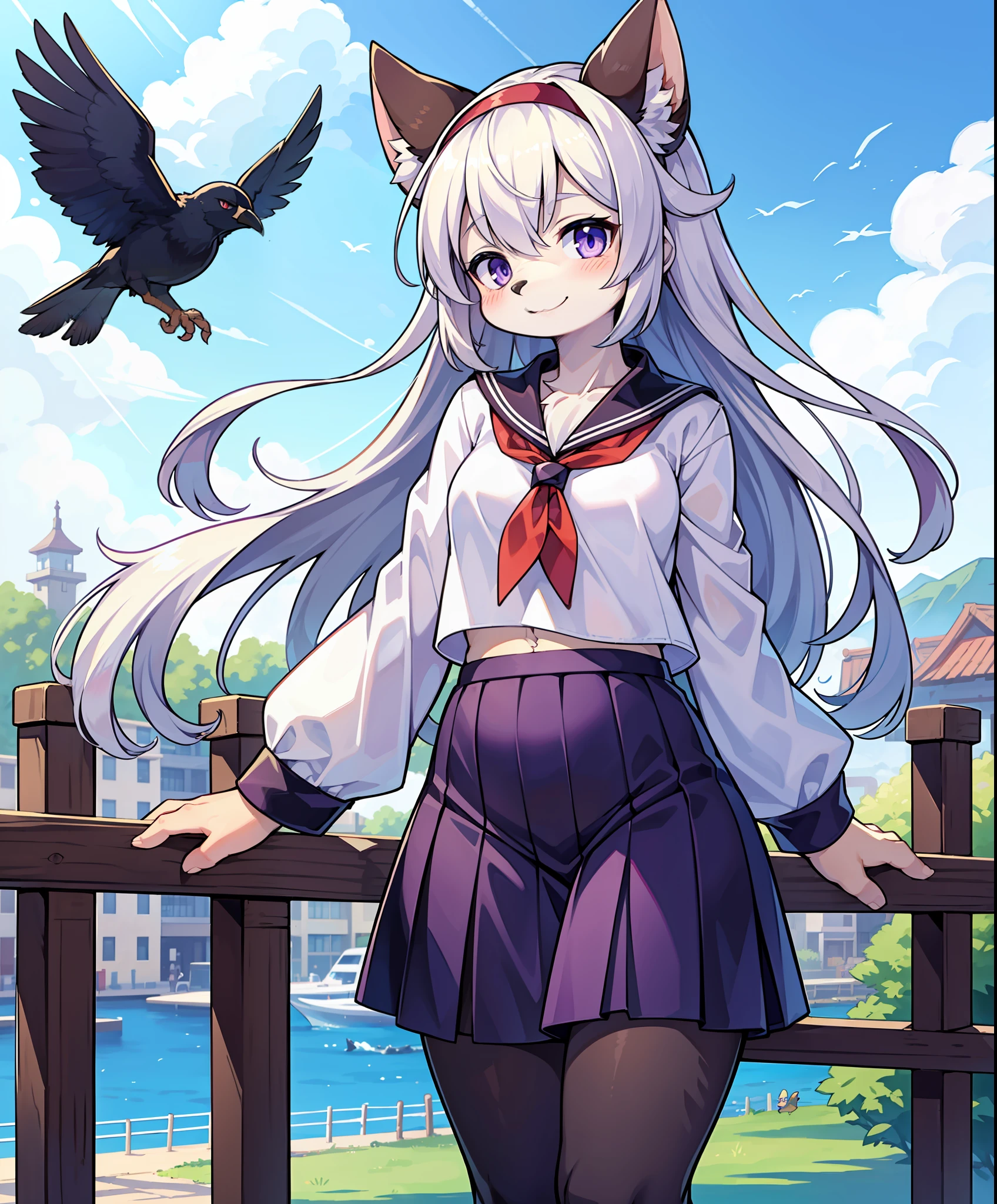 (furry female:1.2), (furry:1.2), (body fur:1.16), anthro, tail, 1girl, animal_on_arm, bangs, bird, bird_on_arm, cloud, crow, day, eye_contact, floating_hair, hairband, izumo, izumo_2, kitagawa_mai, light_smile, long_hair, long_sleeves, looking_at_another, neckerchief, official_art, outdoors, purple_eyes, scan, scan_artifacts, school_uniform, serafuku, shirt, silver_hair, sky, sleeve_cuffs, smile, solo, very_long_hair, white_shirt, yamamoto_kazue, yatarou_(izumo)