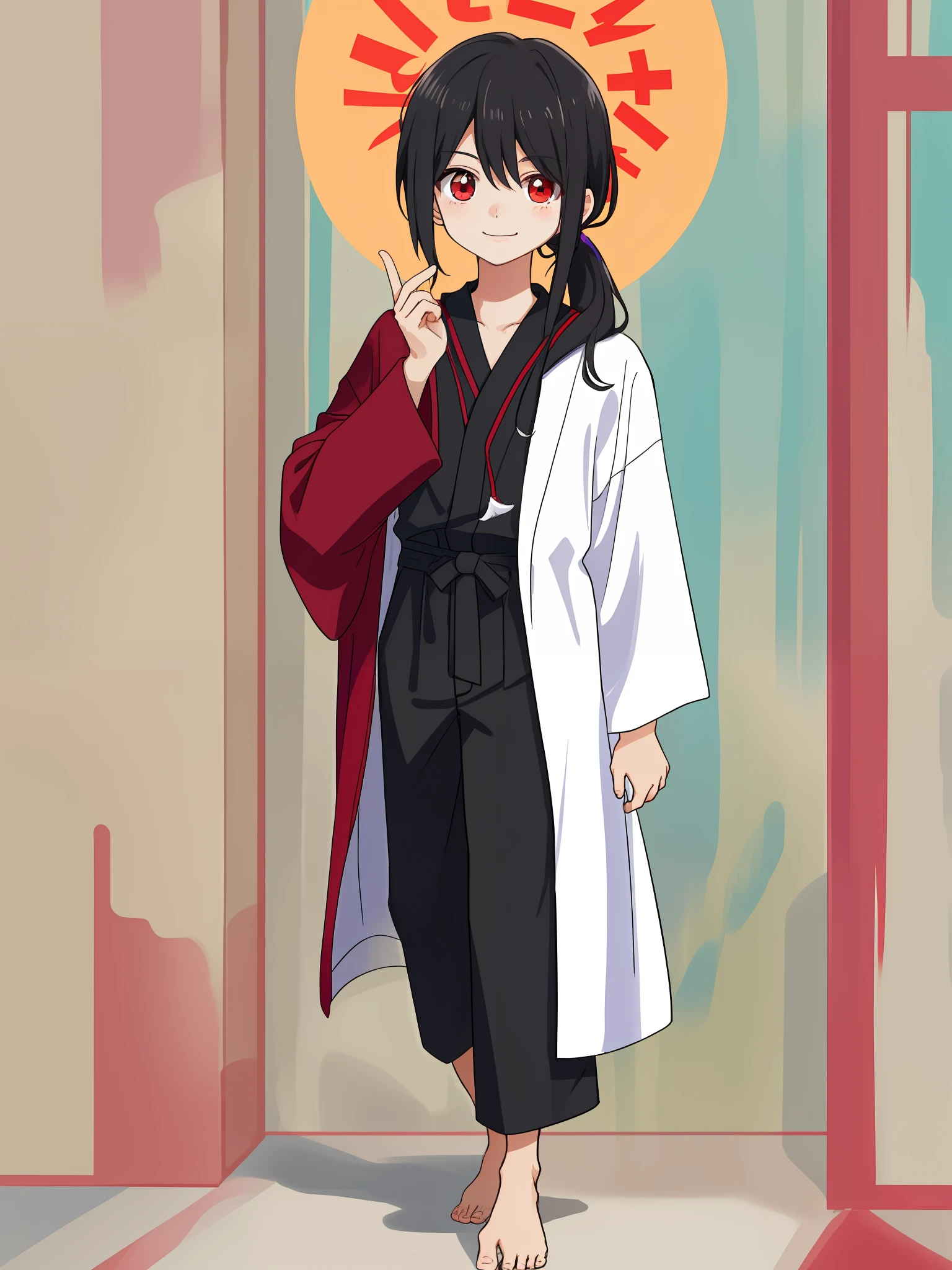 Cute boy with medium and long hair,Black hair, Red eyes, Single ponytail,Loose robe,Fresh breath of youth,Smile on your face,Playful hairs on the head。mid - length hair