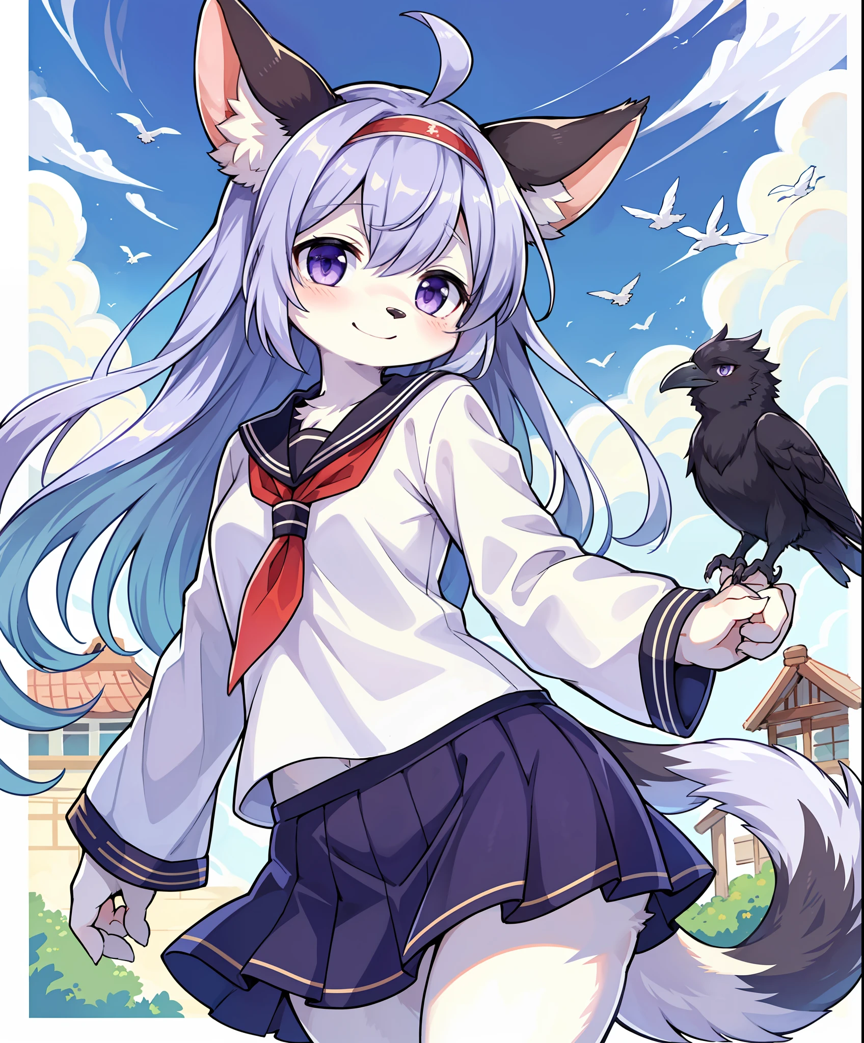 (furry female:1.2), (furry:1.2), (body fur:1.16), anthro, tail, 1girl, animal_on_arm, bangs, bird, bird_on_arm, cloud, crow, day, eye_contact, floating_hair, hairband, izumo, izumo_2, kitagawa_mai, light_smile, long_hair, long_sleeves, looking_at_another, neckerchief, official_art, outdoors, purple_eyes, scan, scan_artifacts, school_uniform, serafuku, shirt, silver_hair, sky, sleeve_cuffs, smile, solo, very_long_hair, white_shirt, yamamoto_kazue, yatarou_(izumo)