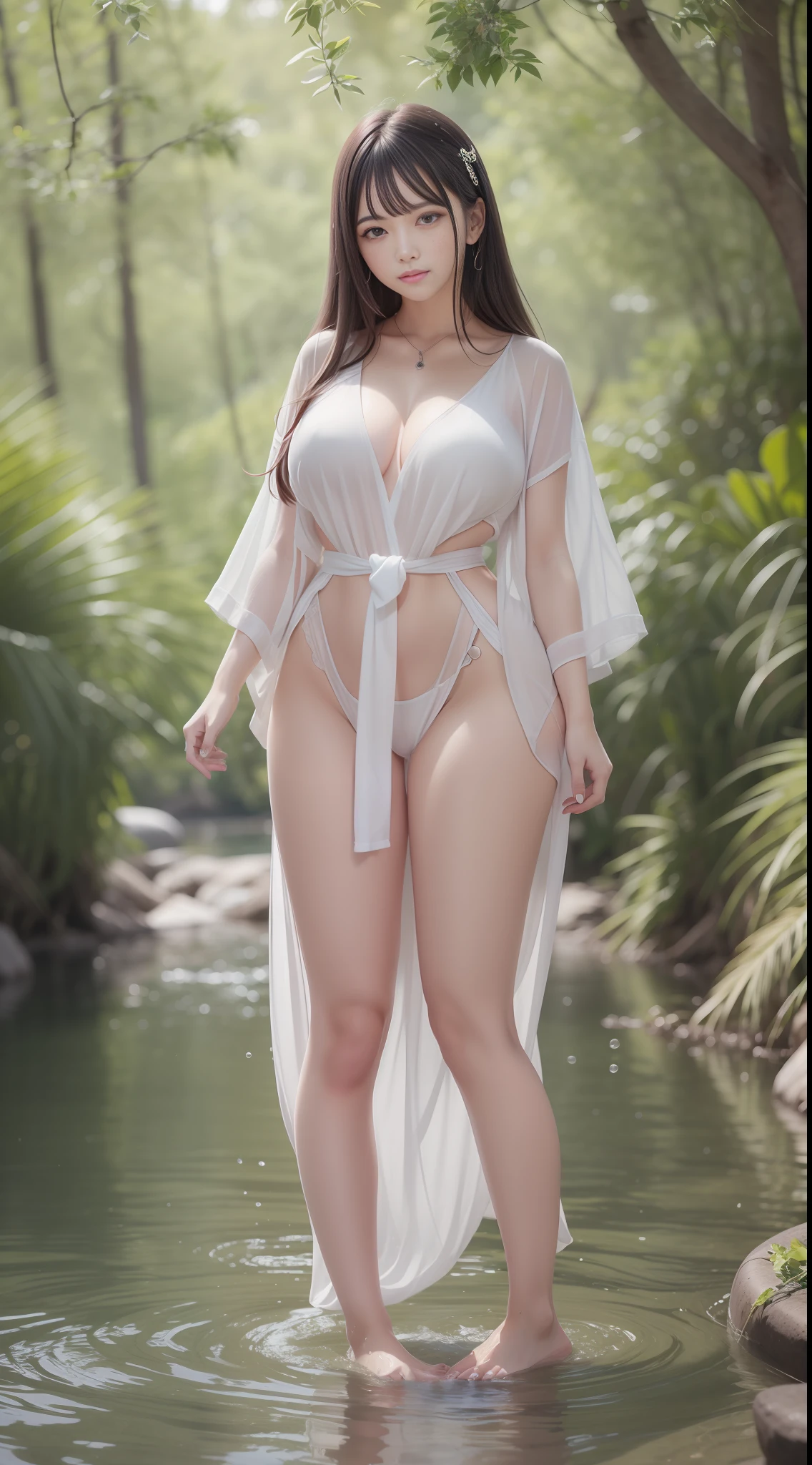 A beauty,plumw,Good body,a round face,largeeyes,rnlong hair,Bigchest,Thick legs,Delicate facial features,Normal hands,good looking hand,Exquisitehands,((White shirt)),white apparel,Tie the waist,Stand in the water,The barefoot,Riverside stones,big trees,Panorama Figures