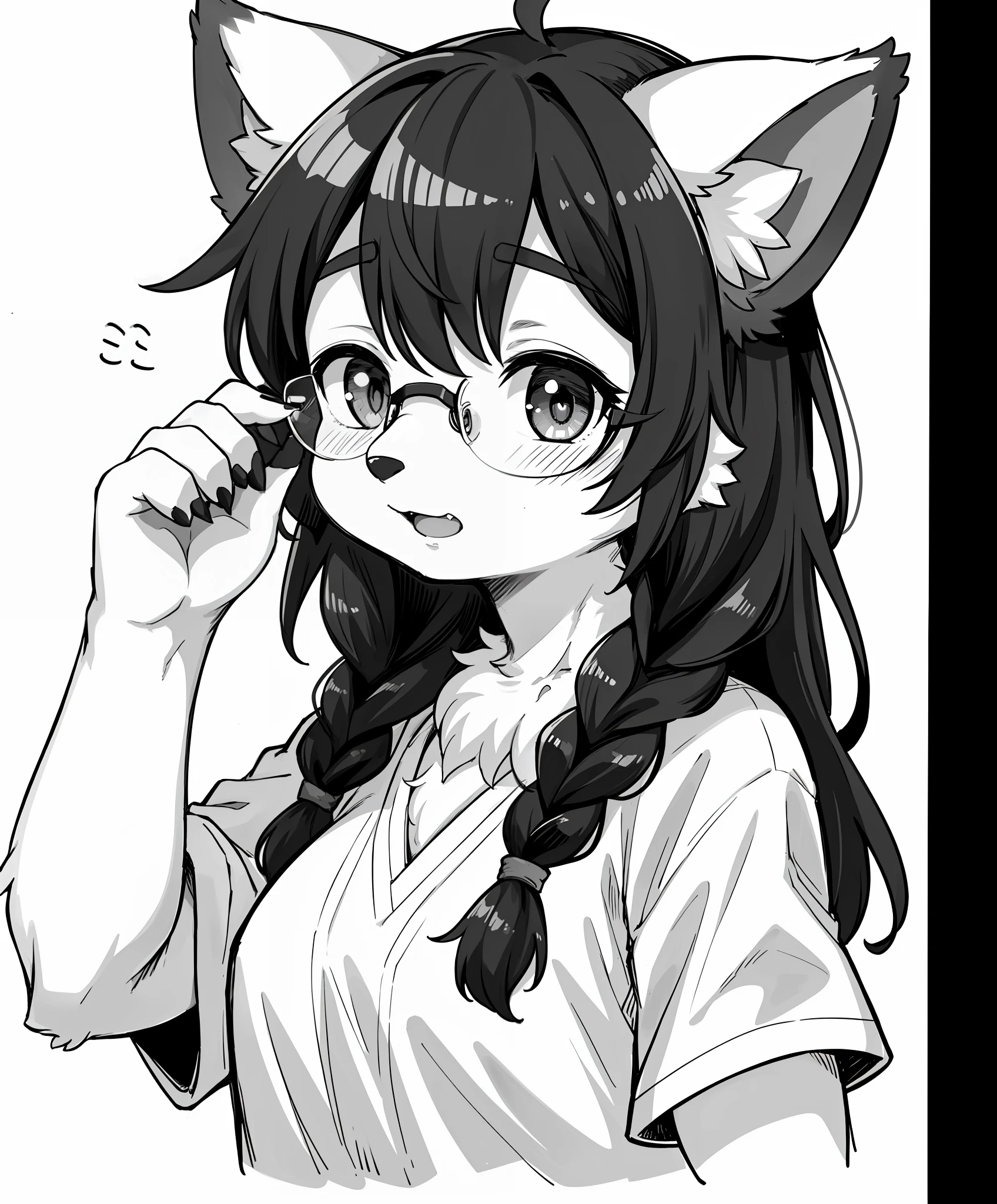 (furry female:1.2), (furry:1.2), (body fur:1.16), anthro, tail, 1girl, braid, commentary_request, glasses, gofu, greyscale, hyakko, long_hair,  sketch, solo, suzugazaki_chie, traditional_media, twin_braids