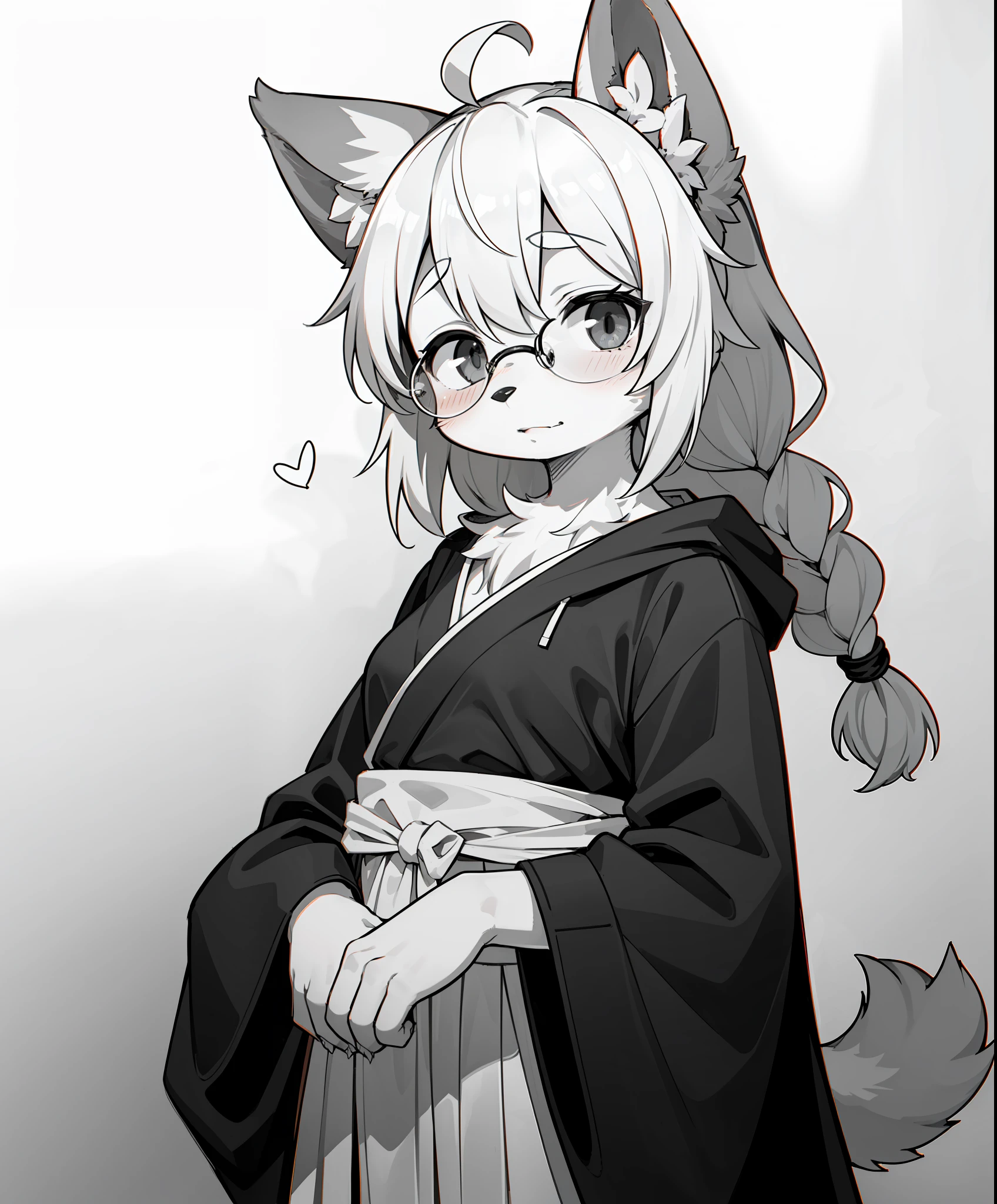 (furry female:1.2), (furry:1.2), (body fur:1.16), anthro, tail, 1girl, braid, commentary_request, glasses, gofu, greyscale, hyakko, long_hair,  sketch, solo, suzugazaki_chie, traditional_media, twin_braids