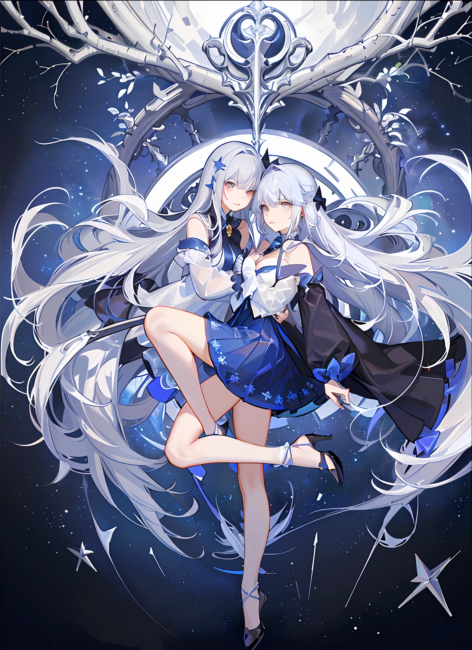 Super long blue and white hair,Blue and white miniskirt,black lence stockings,Blue and white star pupils,Pure white wings,Silver-blue longsword,Silver blue star empty earrings,starryskybackground,Silver-blue frame on one side