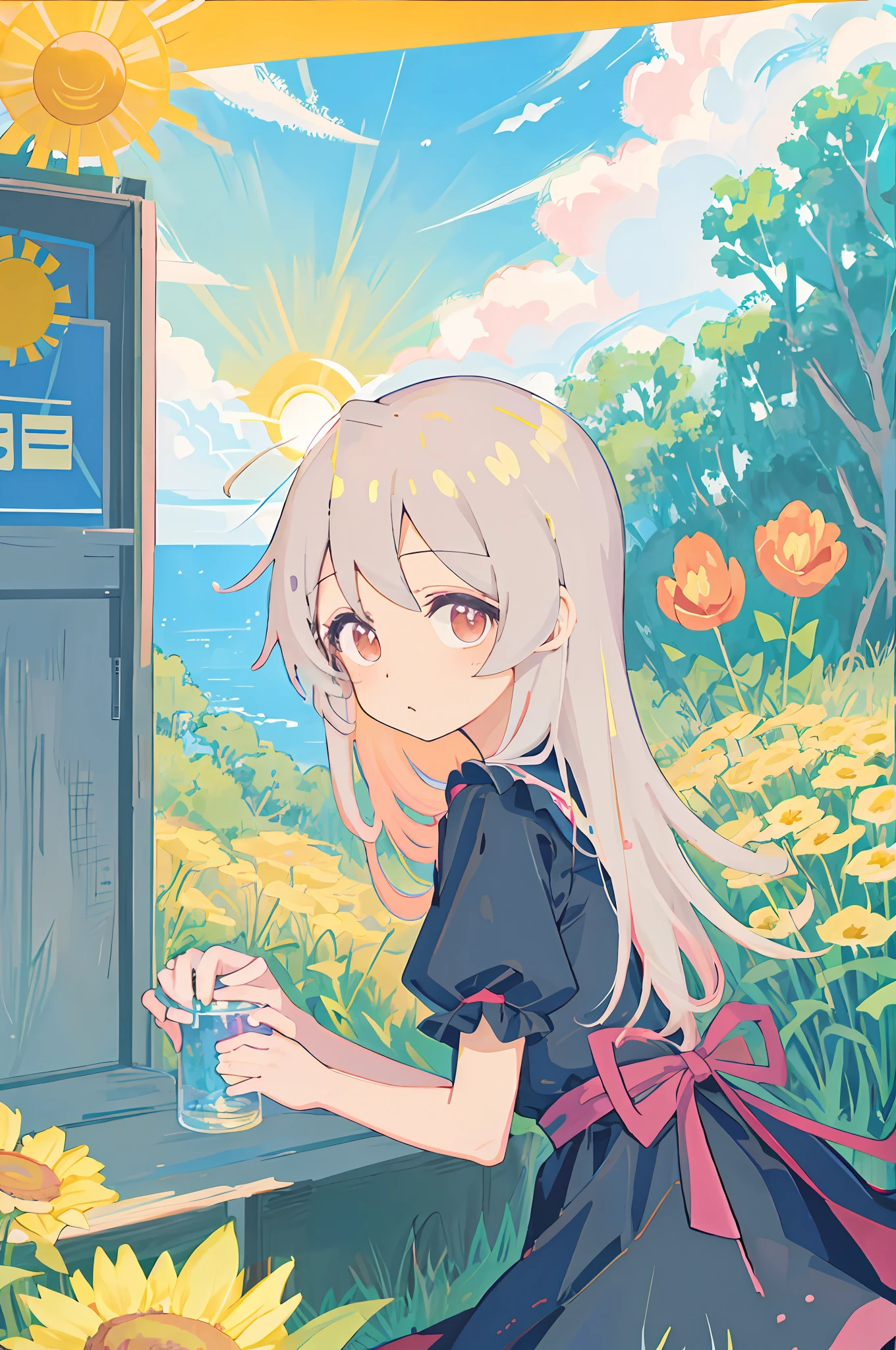 anime girl in a field of flowers with the sun shining,  in dress, white-haired god, watching the sunset. Anime, from touhou, Official anime artwork, anime visual of a cute girl, Anime art wallpaper 8 K, offcial art, High quality anime art style, Anime moe art style, cute anime waifu in a nice dress