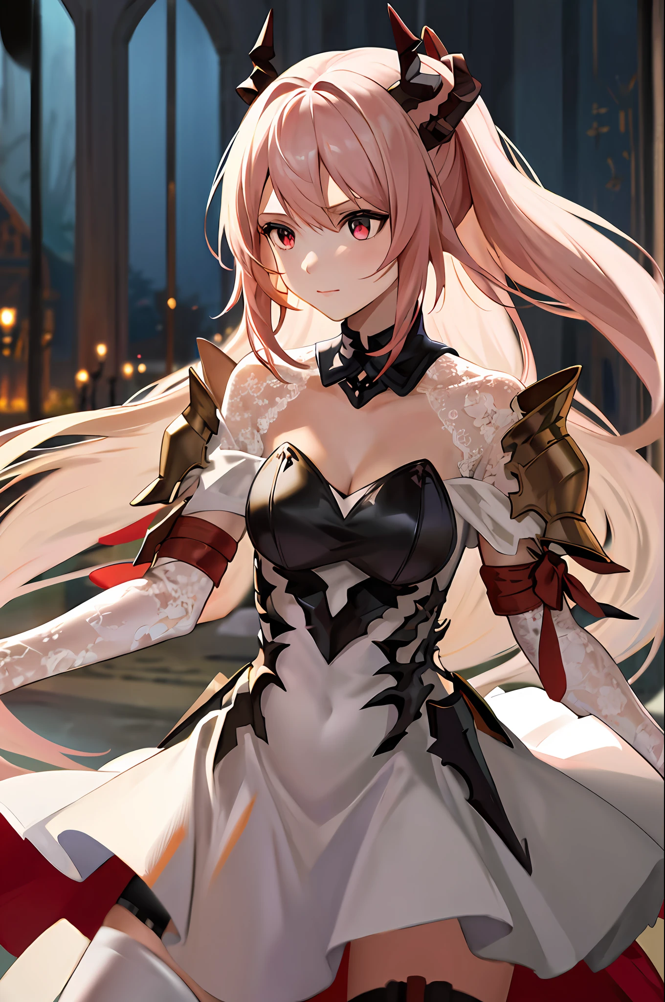 masterpiece, best quality, highres, 1girl, horns,(theresahead), (red eyes), (Sulking), white dress solo, shoulder armor, dress, very long hair, thigh strap, white dress, (swinging big sword), (wearing steel greaves), (wearing steel gauntlets), (wearing chest plate), cleavage, pauldrons, white thighhighs, medium breasts, bangs, detached sleeves