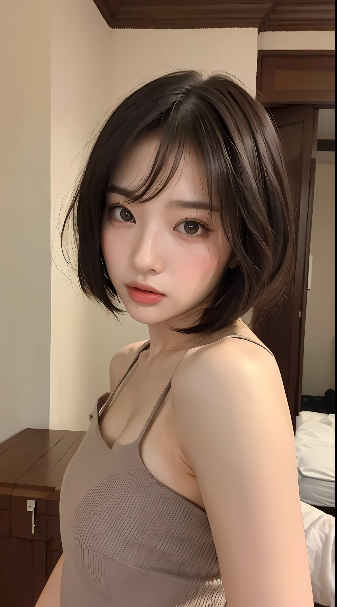 ((品质最佳, 8K, 巨作 :1.3)), Sharp focus :1.2, ((shoulder-length short hair:1.2)), (ta costume:1.1 ), (inside in room:1.2), Highly detailed facial and skin texture, A detailed eye, 二重まぶた，Close-up，Seductive expressions，Eyes are confused，Flushed complexion，Lewdness，