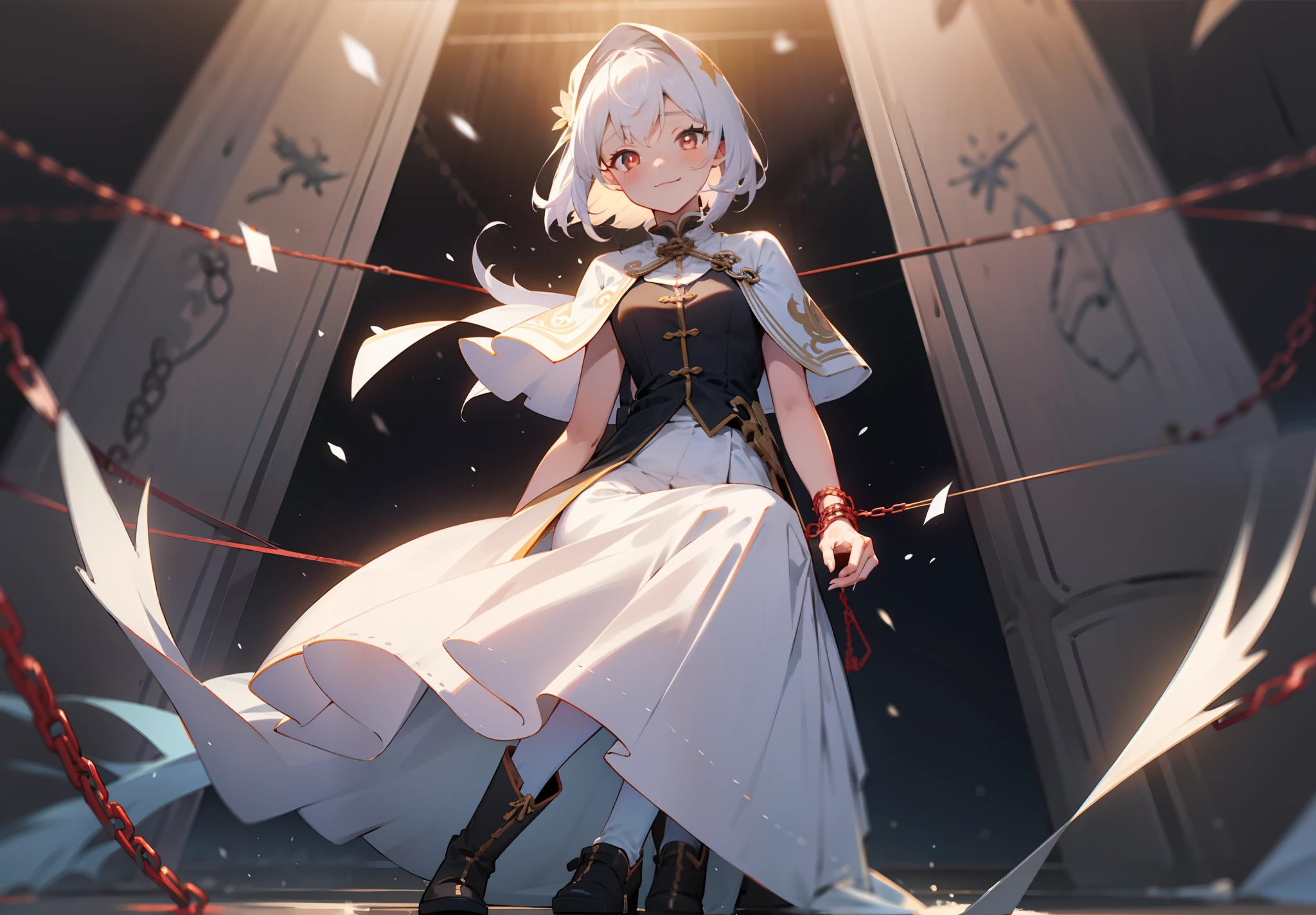 Masterpiece-quality CG,ultra fine detailed,Pretty girl in levitation,Dynamic pose,dynamic shot。Details depict white boots and stockings,Dignified and graceful,Sit on your knees,Smile at the camera and gaze,The strands of hair turned snow-white,Shining red pupils attract attention(Girl1:1.1)。The hands are bound by chains,Shrouded in an atmosphere of mystery。