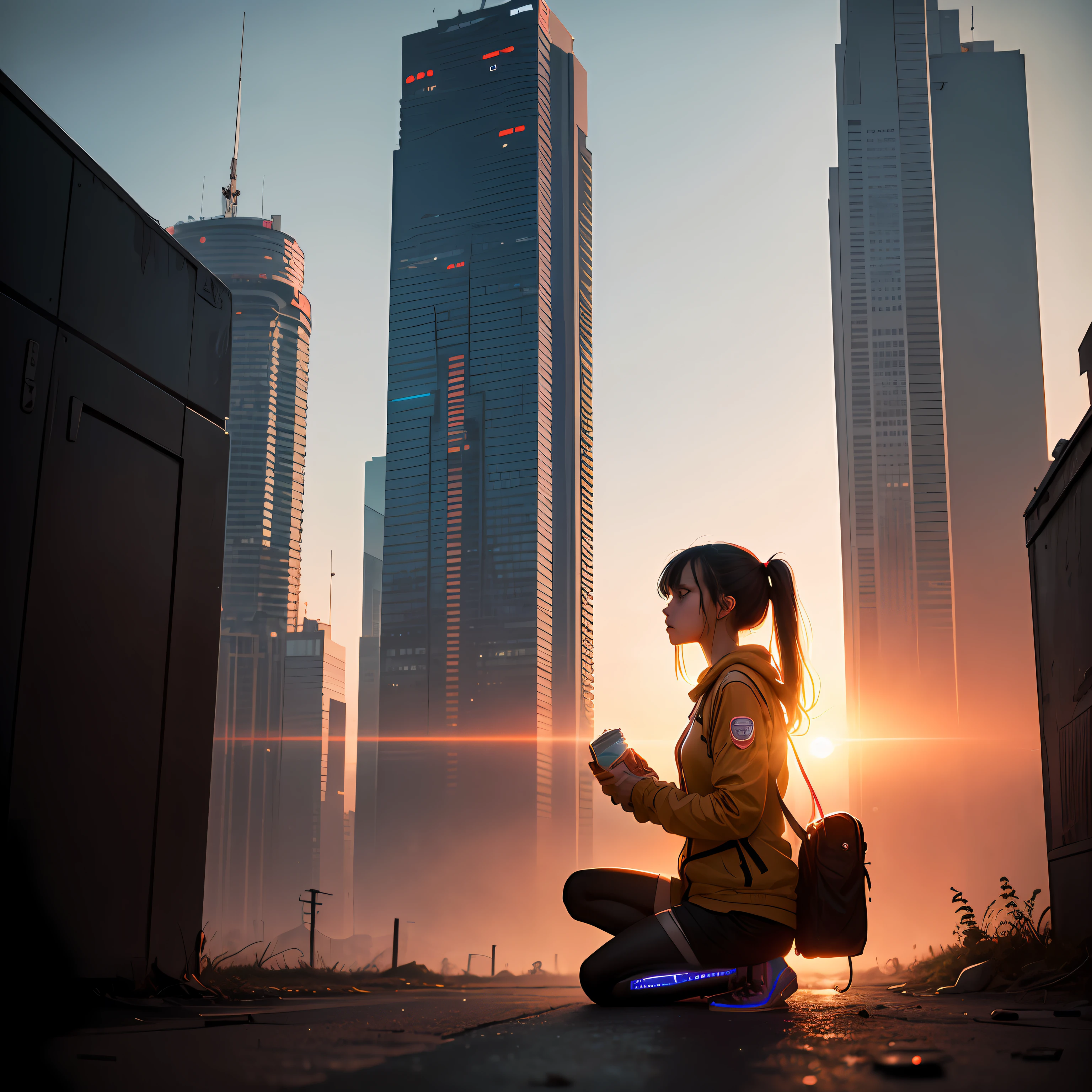 There is a cyberpunk-era teenage girl praying in the setting sun --auto