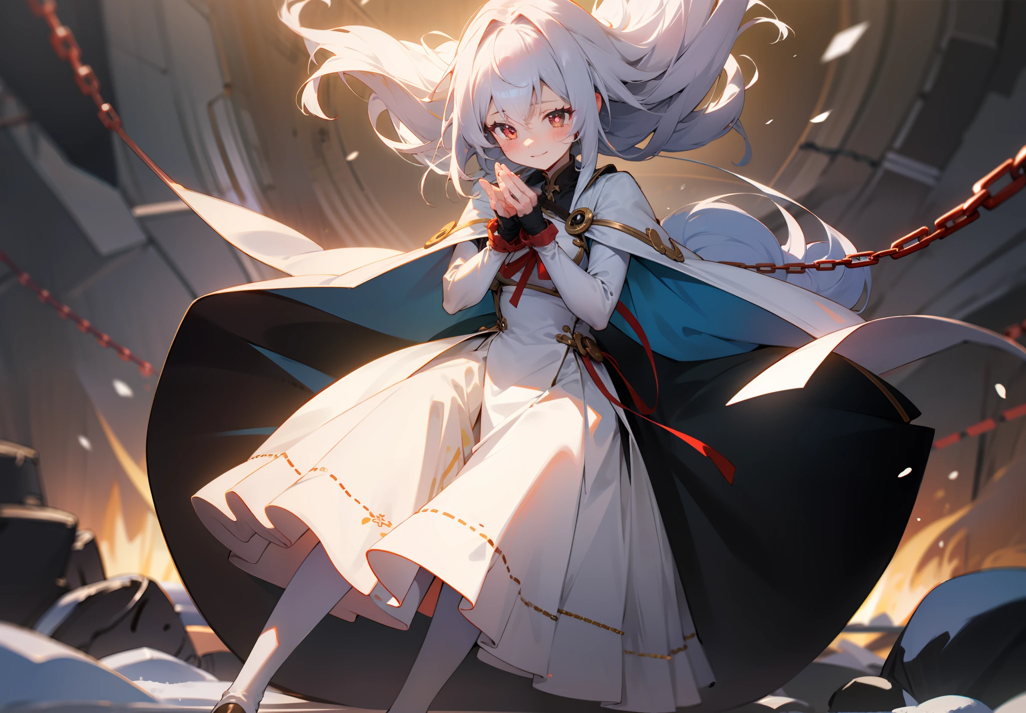 Masterpiece-quality CG,ultra fine detailed,Pretty girl in levitation,Dynamic pose,dynamic shot。Details depict white boots and stockings,Dignified and graceful,Sit on your knees,Smile at the camera and gaze,The strands of hair turned snow-white,Shining red pupils attract attention(Girl1:1.1)。The hands are bound by chains,Shrouded in an atmosphere of mystery。