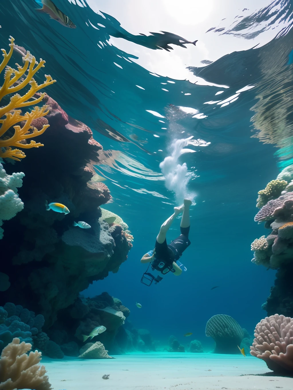 A full wide shot of a young indonesian man with snorkeling gears dives after chitala fishes in a pool. bright pastel colors, cinematic comedy 8k --ar 16:9 --v 5.2 --s 750