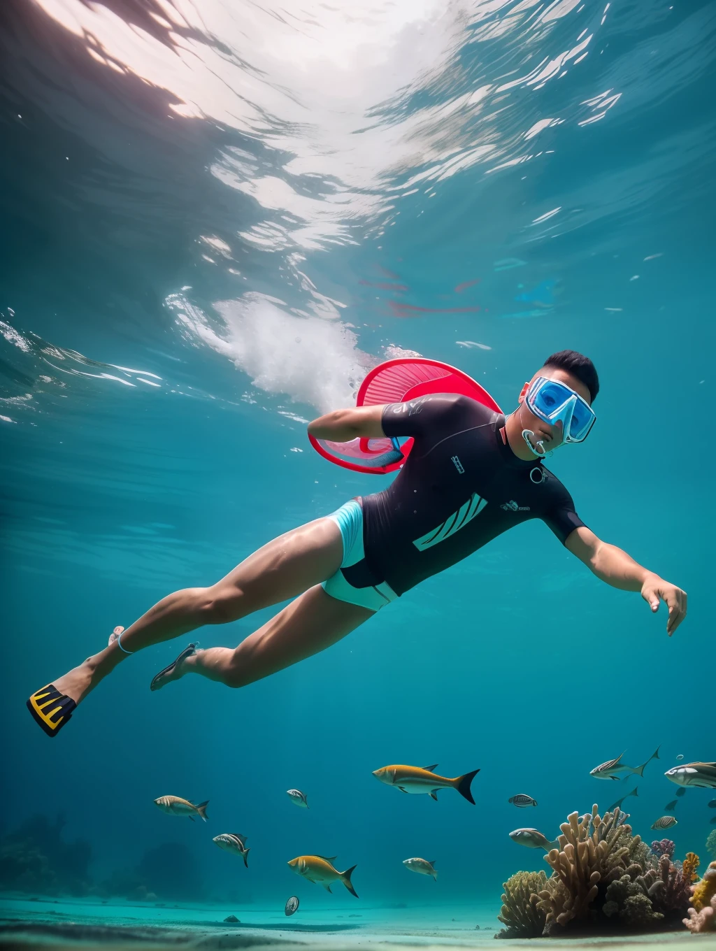 A full wide shot of a young indonesian man with snorkeling gears dives after chitala fishes in a pool. bright pastel colors, cinematic comedy 8k --ar 16:9 --v 5.2 --s 750