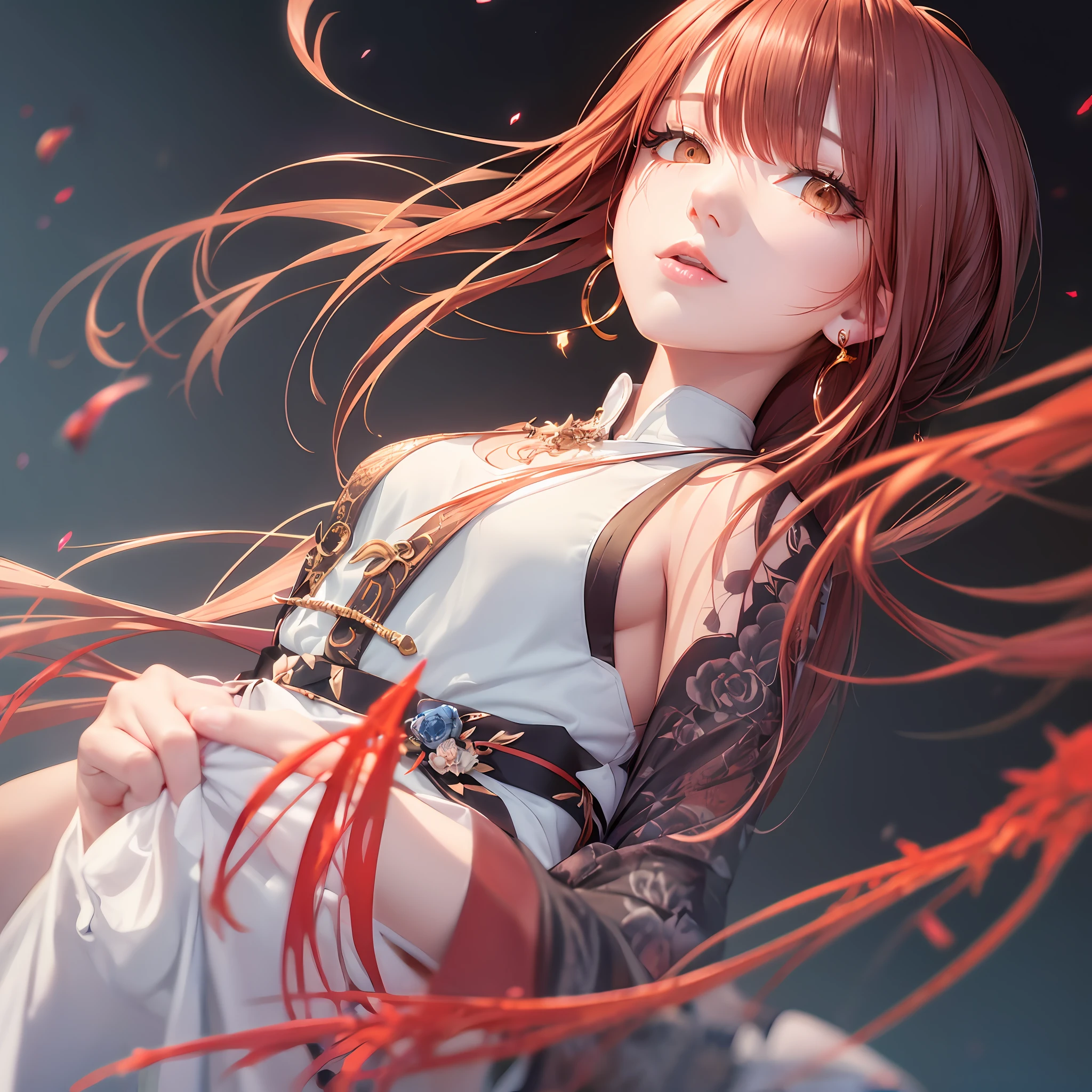 ((highres)), (open mouth), ((bust)), ((bust)), ((best quality))), (ultra-detailed)) ((very detailed CG)), ((8k_wallpaper)), dynamic angle, floating, (beautiful, detailed eyes), extremely beautiful girl, upper body, ink painting, (Chinese style), dark circles, burning heat, detail light.from_below, (dark hair), (dark hair), (dark hair), (dark hair), ( Red Spider Lily: 1.33), Water Eye, (Flower: 1.3), Bloom, Single, Starry Sky, Hair Ornaments, Earrings, Jewelry, Extra Long Hair, Messy Hair, Shoulderless, Half Closed, Blooming, ((Chivalry)), Fairy, (Hanfu: 1.3), (Middle Chest: 1.2), (Eye Shadow, Red Eye Line: 1.15), (Eyes Seen Through Hair: 1.2), (Solo)), Red Moon, --auto