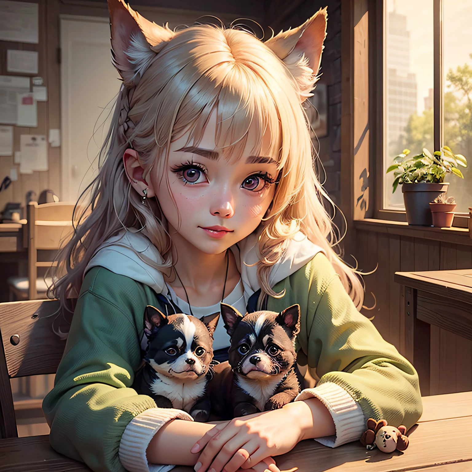 Hair that makes people frown slightly，Furry puppy，Sell cute and coquettish，Warm and cute，Long ears，clear and bright eyes。 --auto